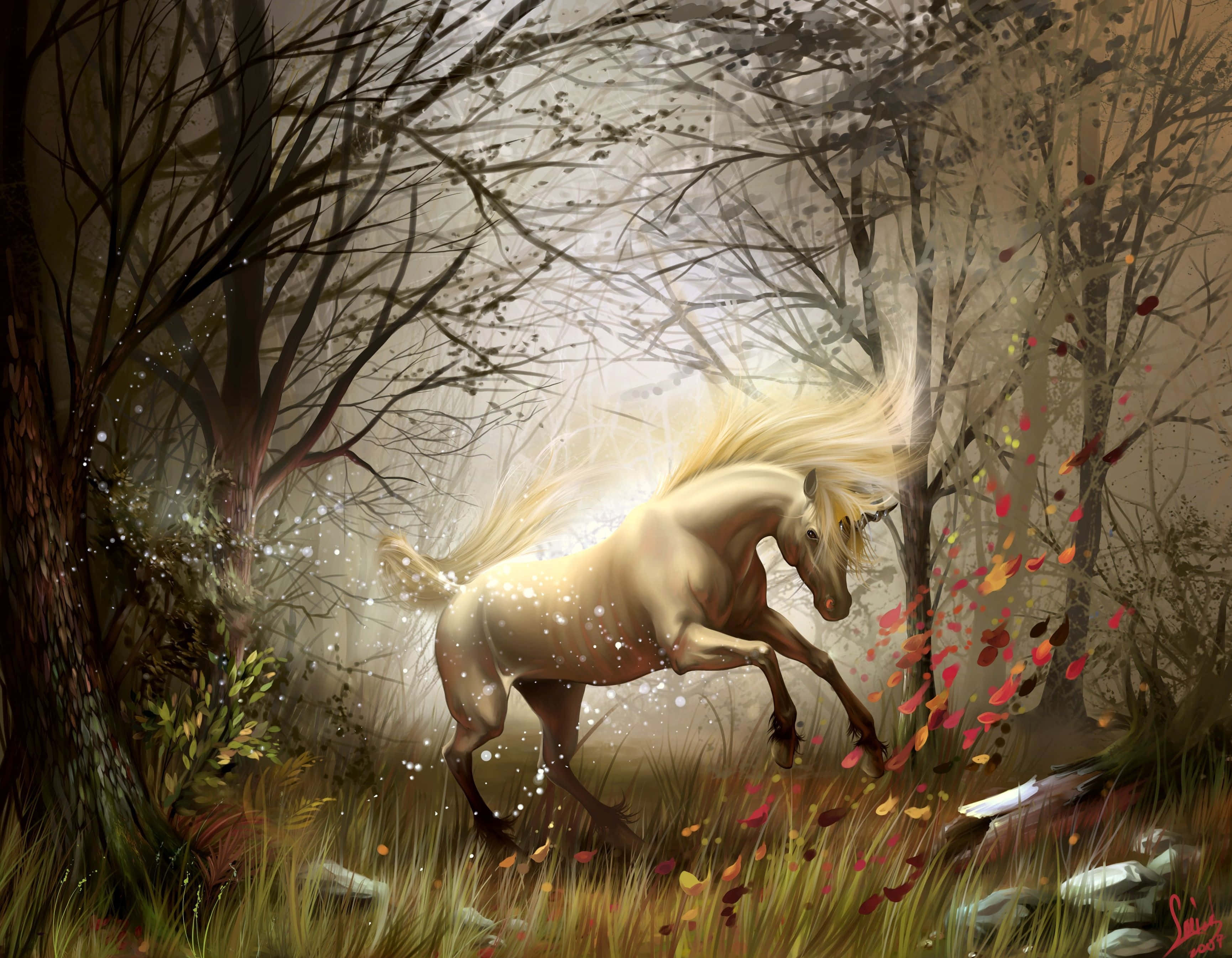 unicorn, glowing white unicorn, misty autumn forest, 2K Desktop Wallpaper