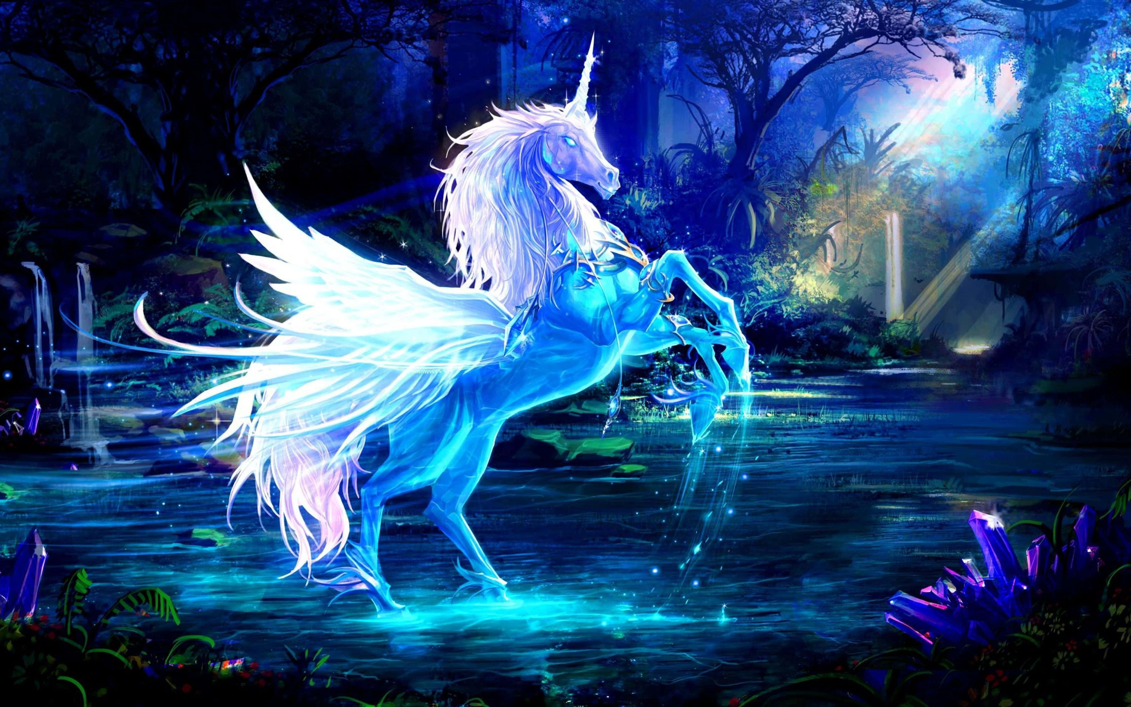 3d unicorn, glowing blue winged unicorn, mystical forest stream, 4K Desktop Wallpaper