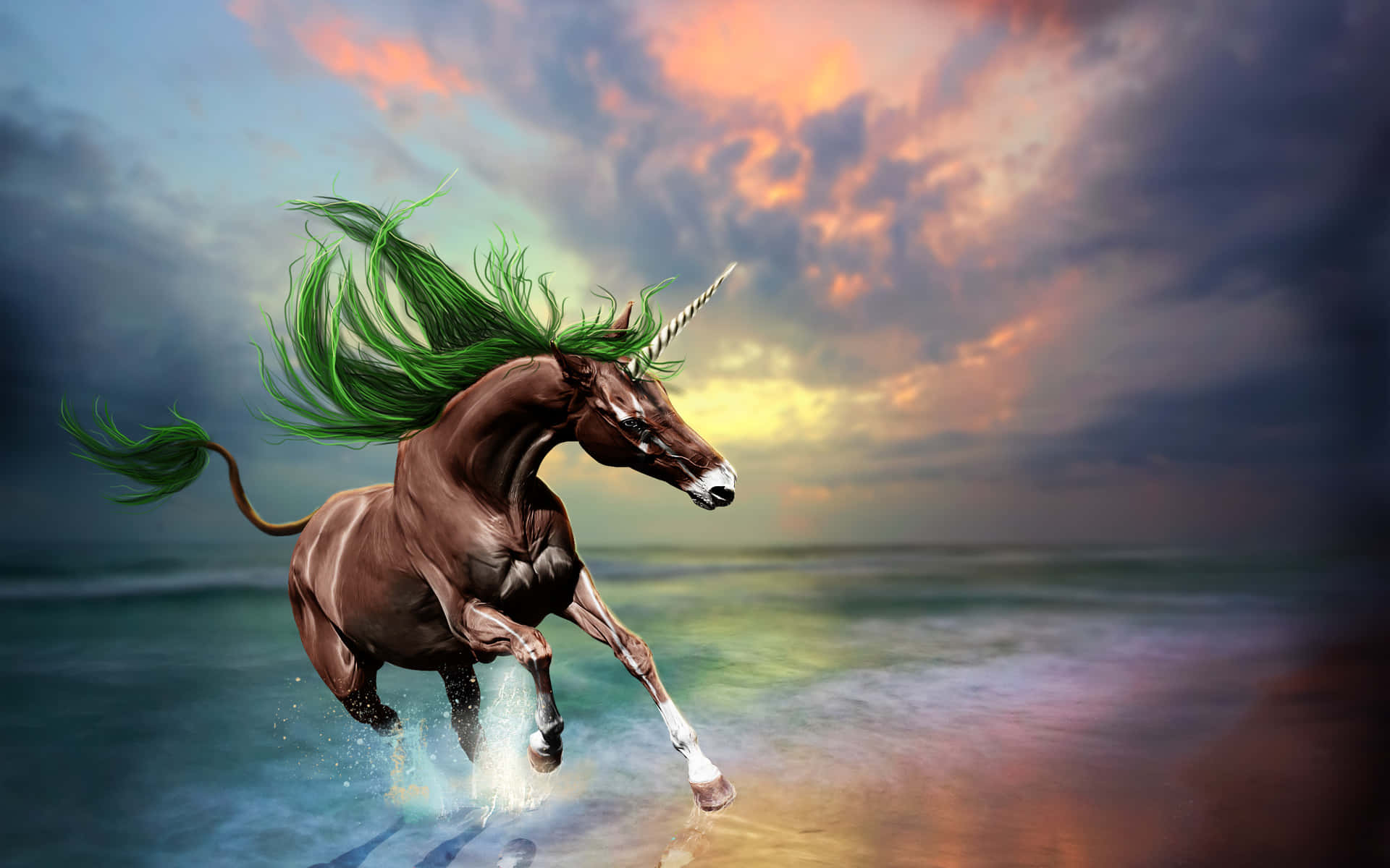 3d unicorn, mystical forest, brown unicorn, Full HD Desktop Wallpaper