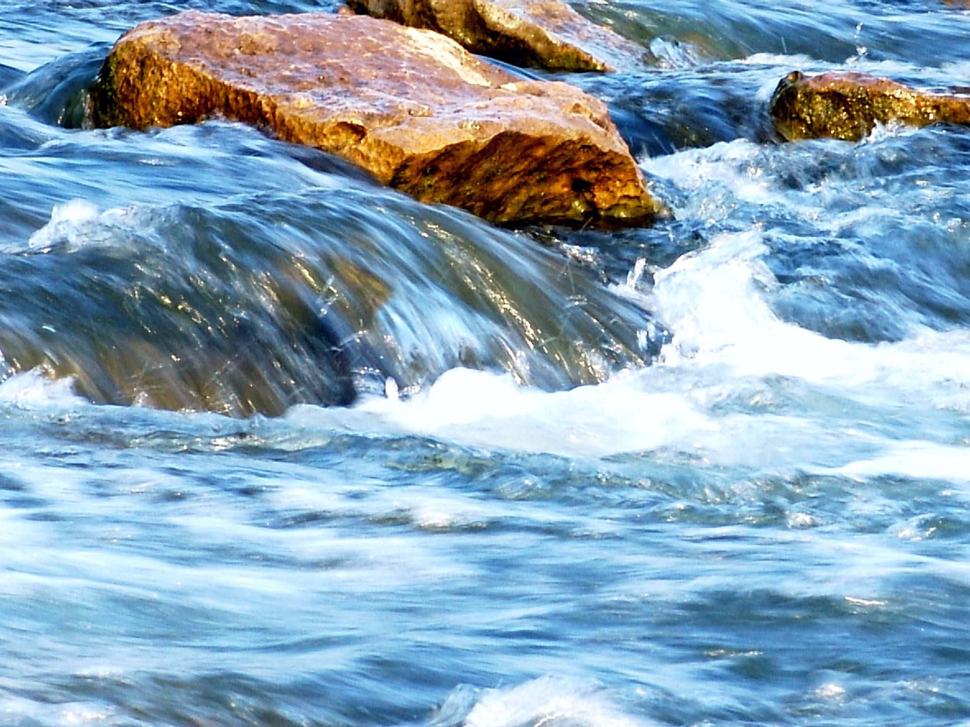 3D Waterfall, blue water, sunlit brown rocks, Full HD Desktop Wallpaper