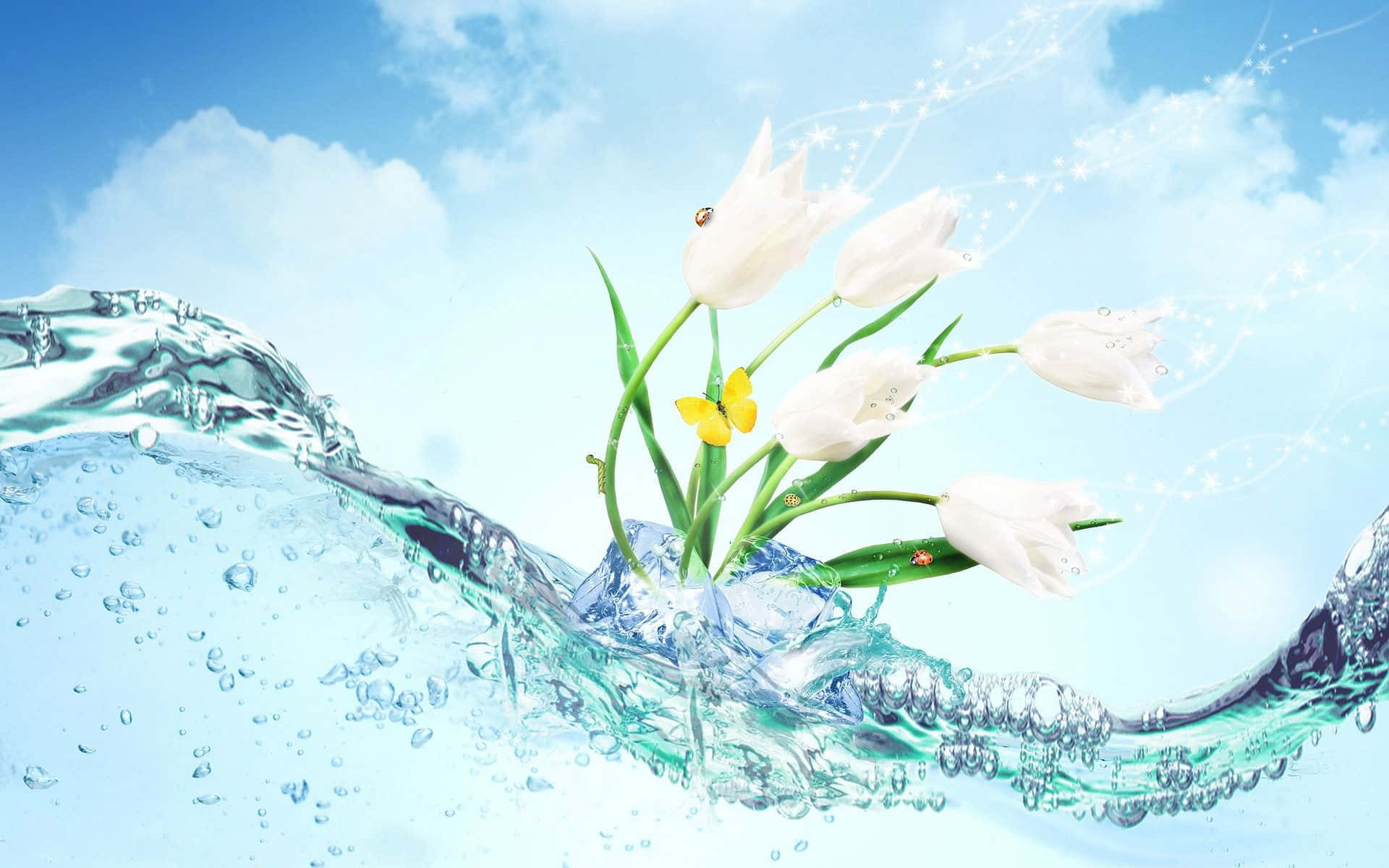3d water, white tulips, yellow butterfly, Full HD Desktop Wallpaper
