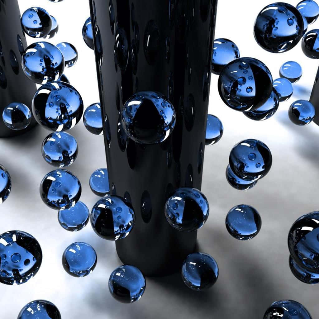 3d water, glossy blue spheres, sleek black cylindrical forms, SD Desktop Wallpaper