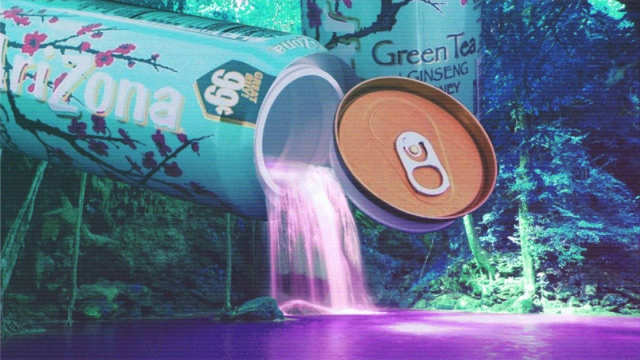 Arizona iced tea can, glowing pink liquid, purple pond, HD Desktop Wallpaper