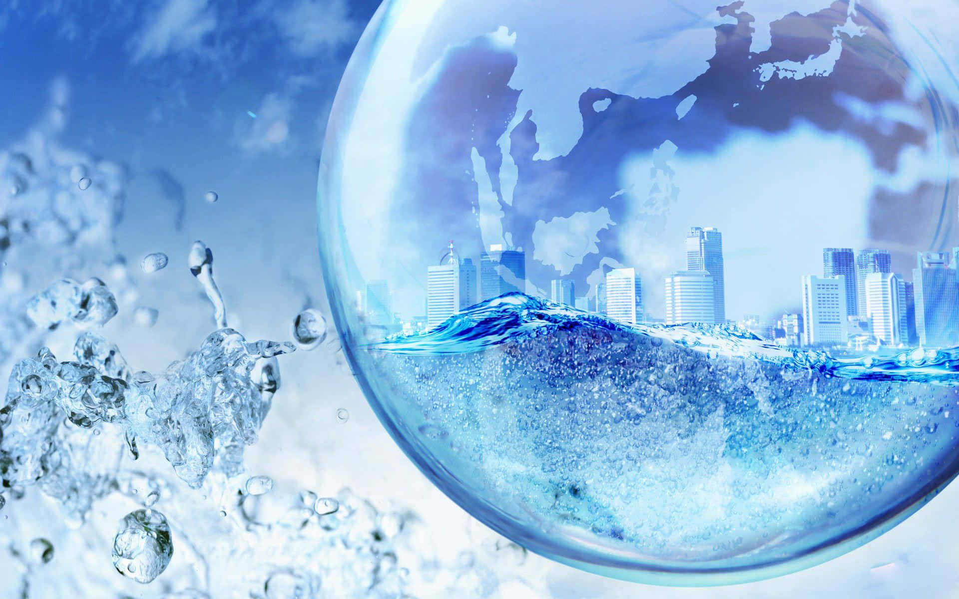 3d water, transparent water droplet, city skyline, Full HD Desktop Wallpaper