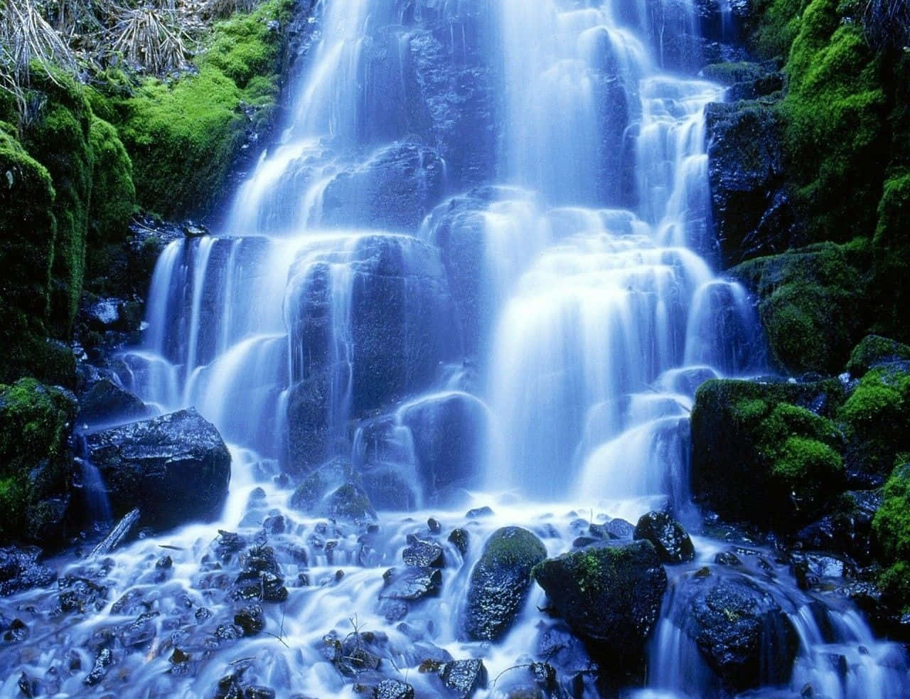 3d waterfall, mossy rocks, vibrant blue, HD Desktop Wallpaper