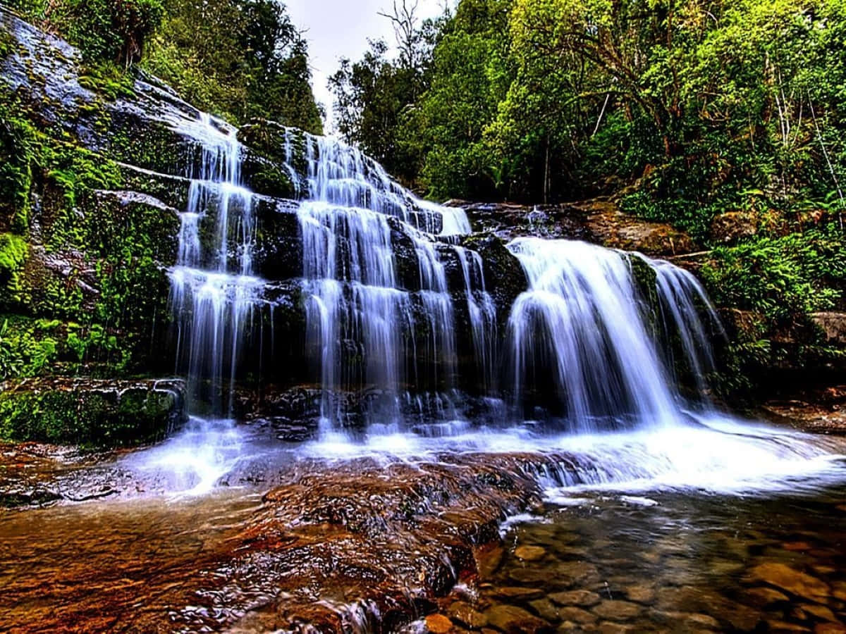 3d waterfall, cascading waterfall, mossy rocks, SD Desktop Wallpaper
