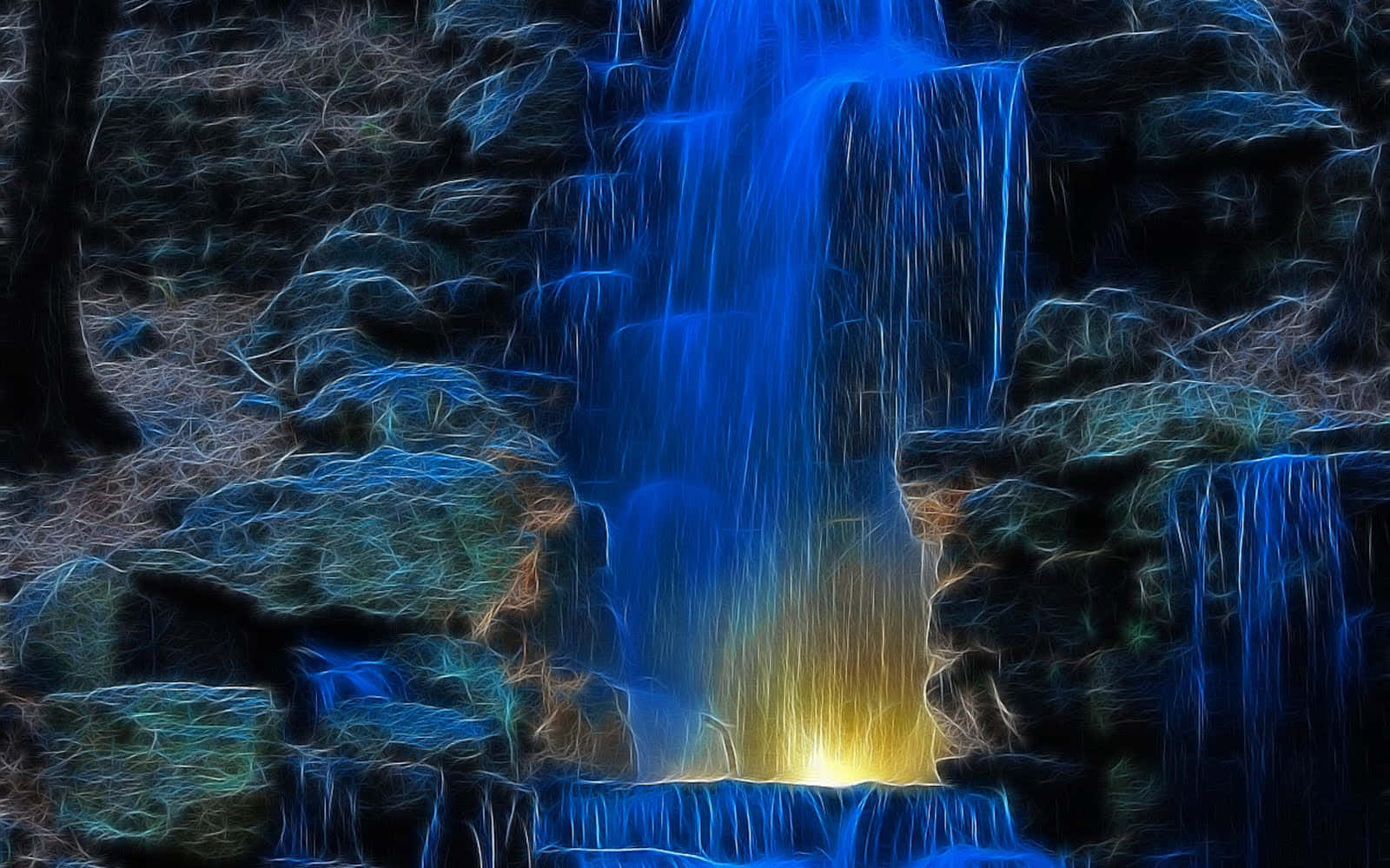 3d waterfall, glowing blue waterfall, dark rocks, HD Desktop Wallpaper