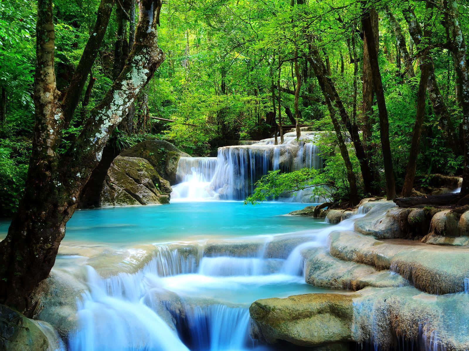3d waterfall, turquoise waterfall, mossy rocks, HD Desktop Wallpaper