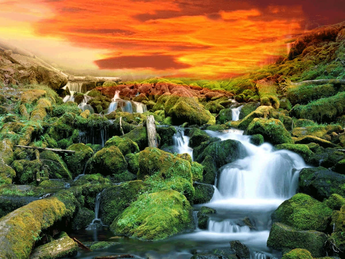 3d Waterfall, mossy rocks, fiery orange sunset sky, SD Desktop Wallpaper