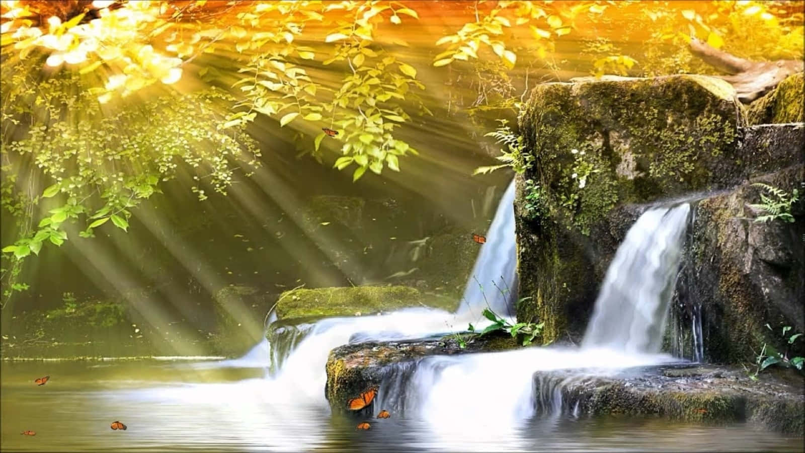 3d waterfall, autumn leaves, cascading waterfall, HD Desktop Wallpaper
