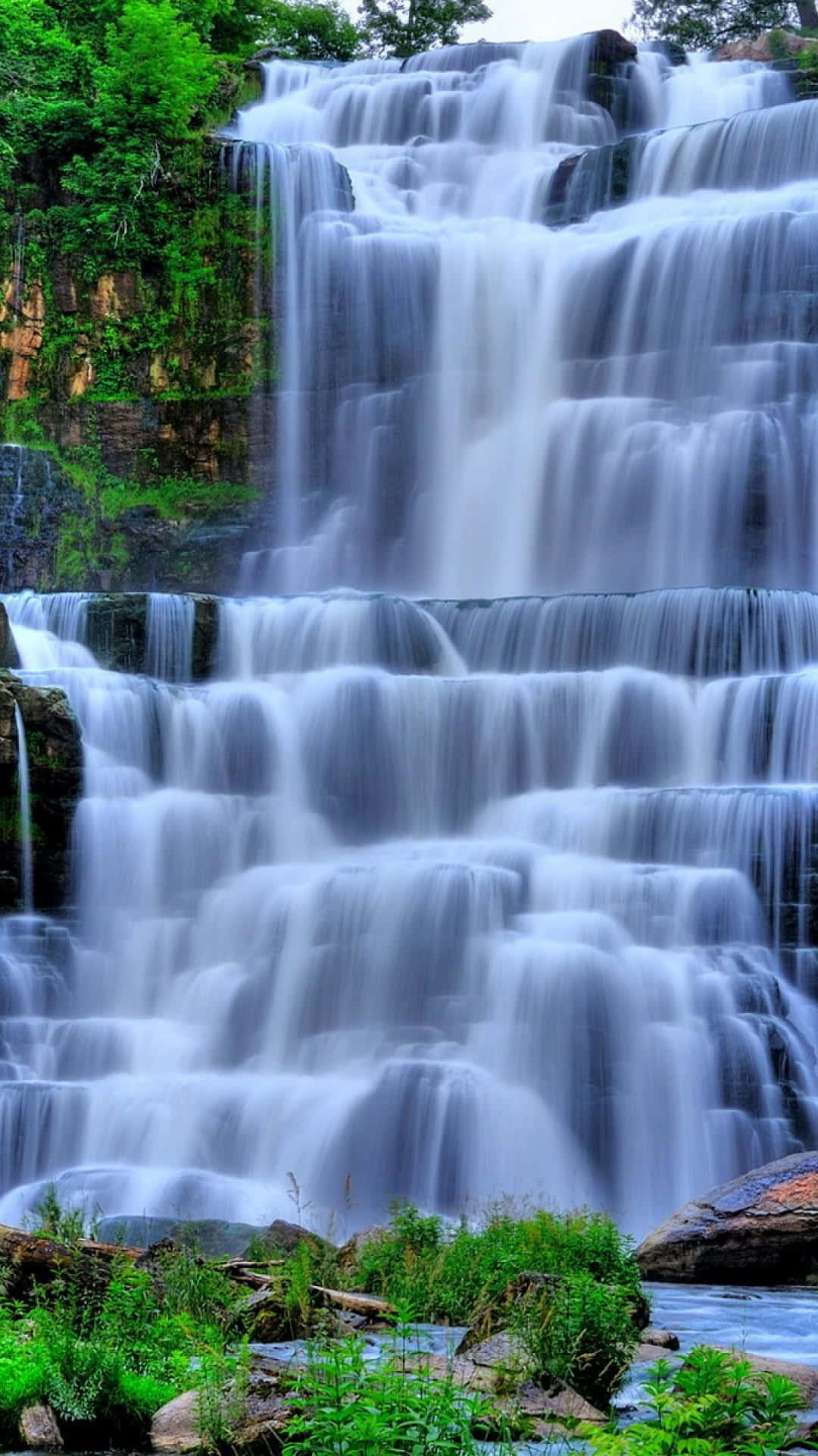 3d Waterfall, multi-tiered waterfall, mossy rocks, Full HD Phone Wallpaper