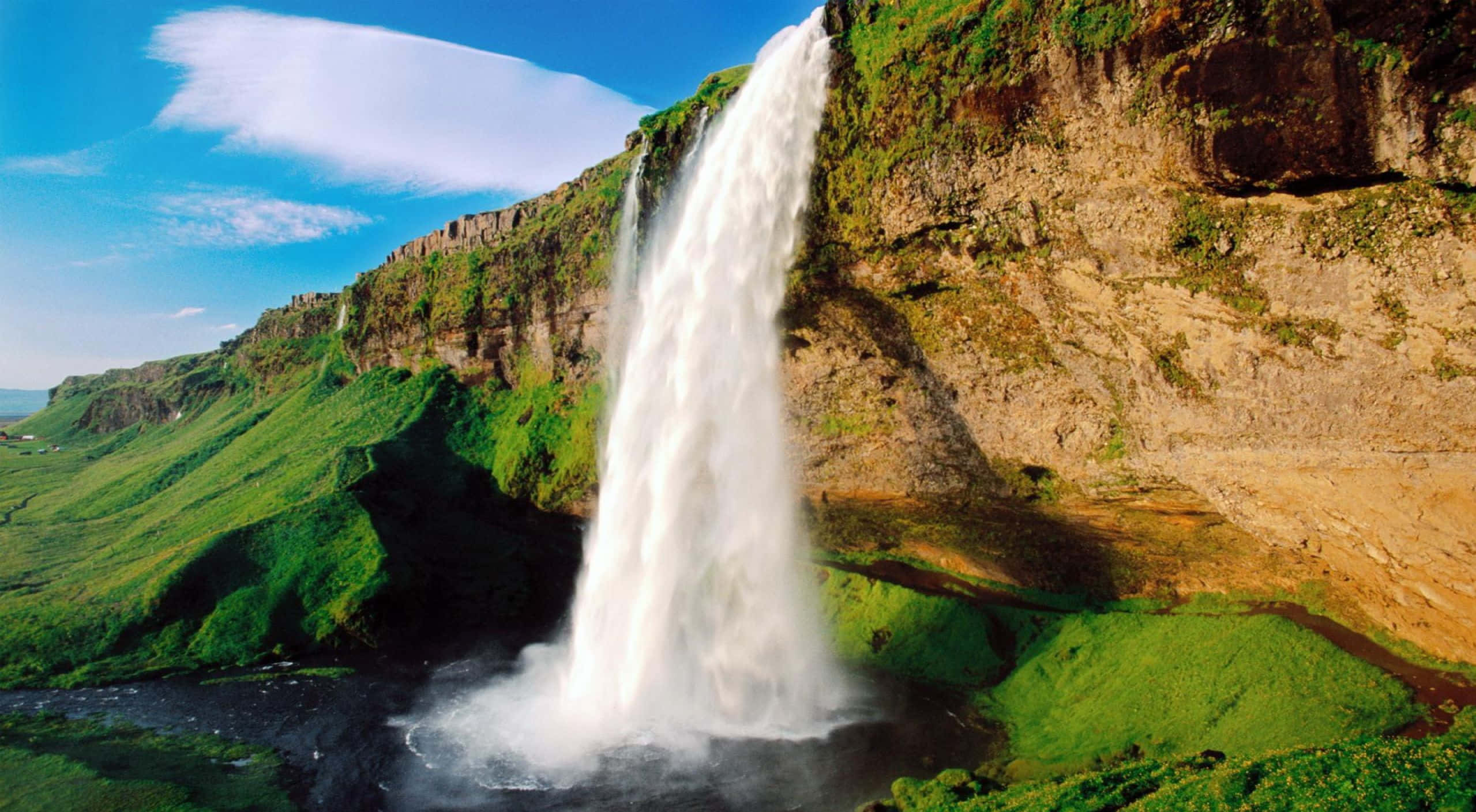 3d waterfall, rugged cliff, misty pool, Full HD Desktop Wallpaper