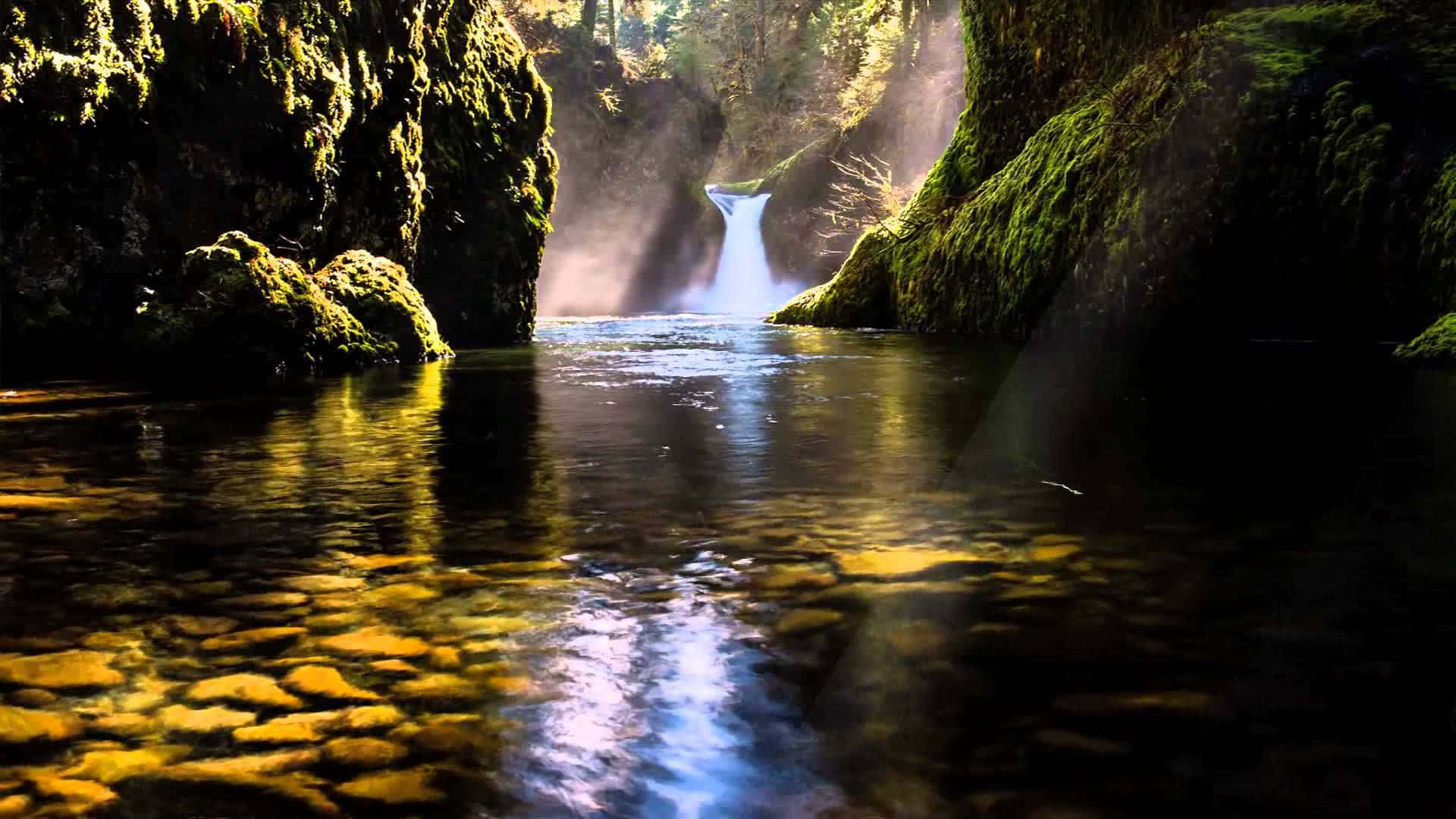 3d waterfall, mossy canyon, cascading waterfall, Full HD Desktop Wallpaper