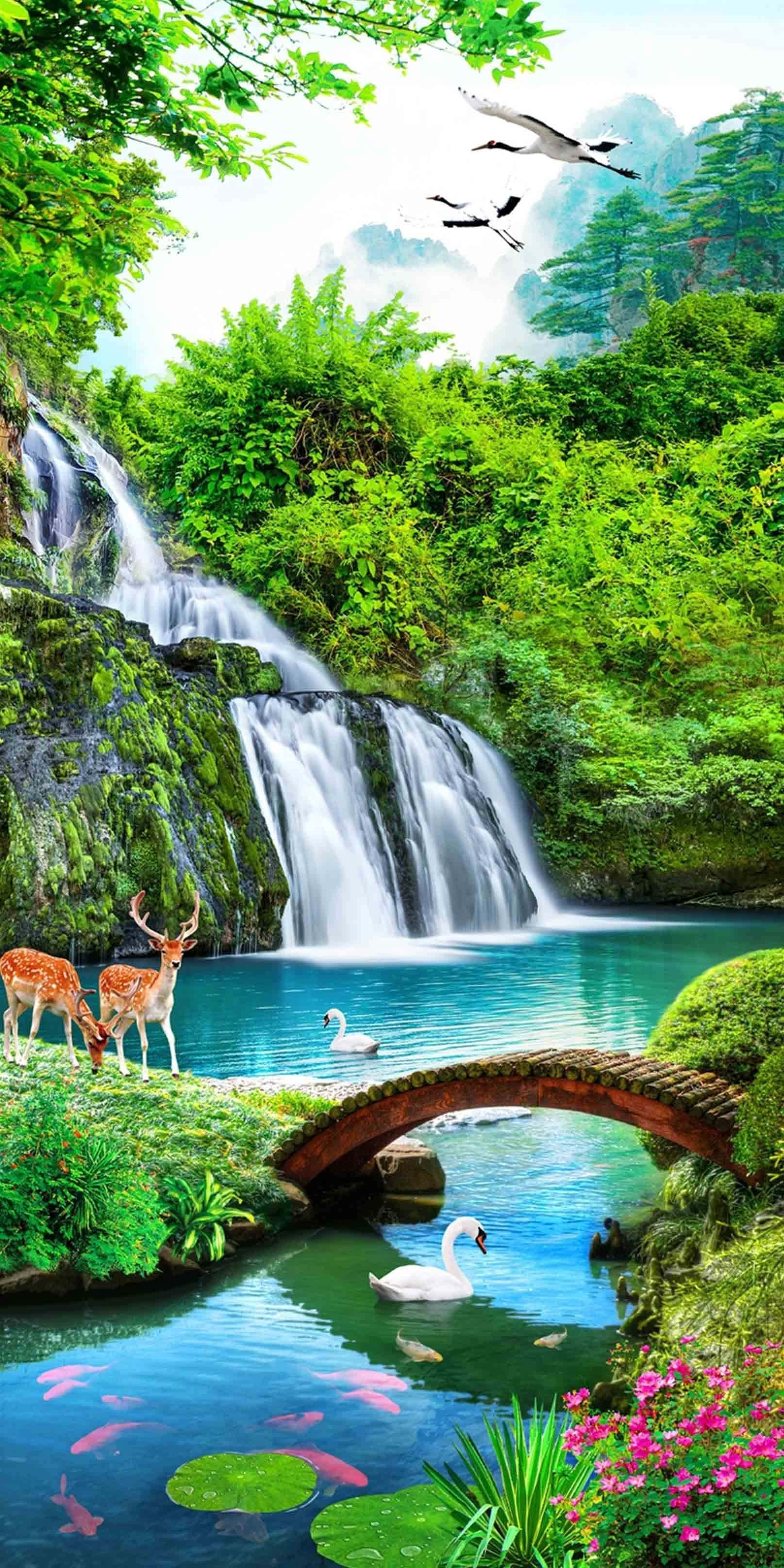 3d waterfall, lush green forest, stone bridge, 2K Phone Wallpaper