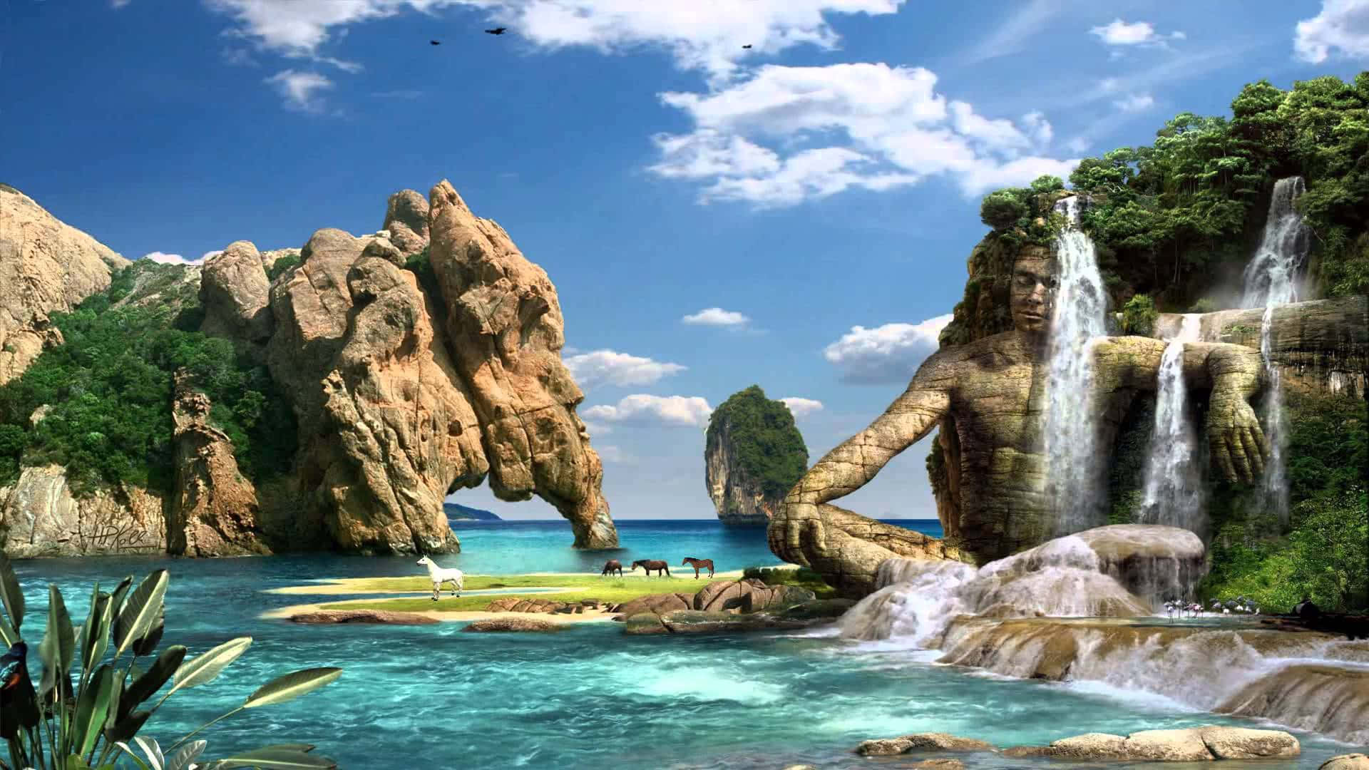 3d waterfall, colossal stone giant, lush cliffs, Full HD Desktop Wallpaper