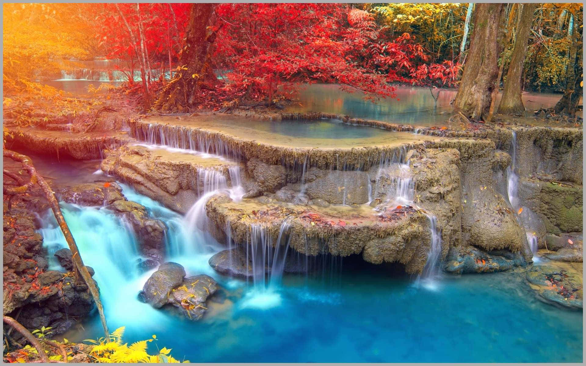 3d waterfall, turquoise waterfalls, mossy rocks, Full HD Desktop Wallpaper