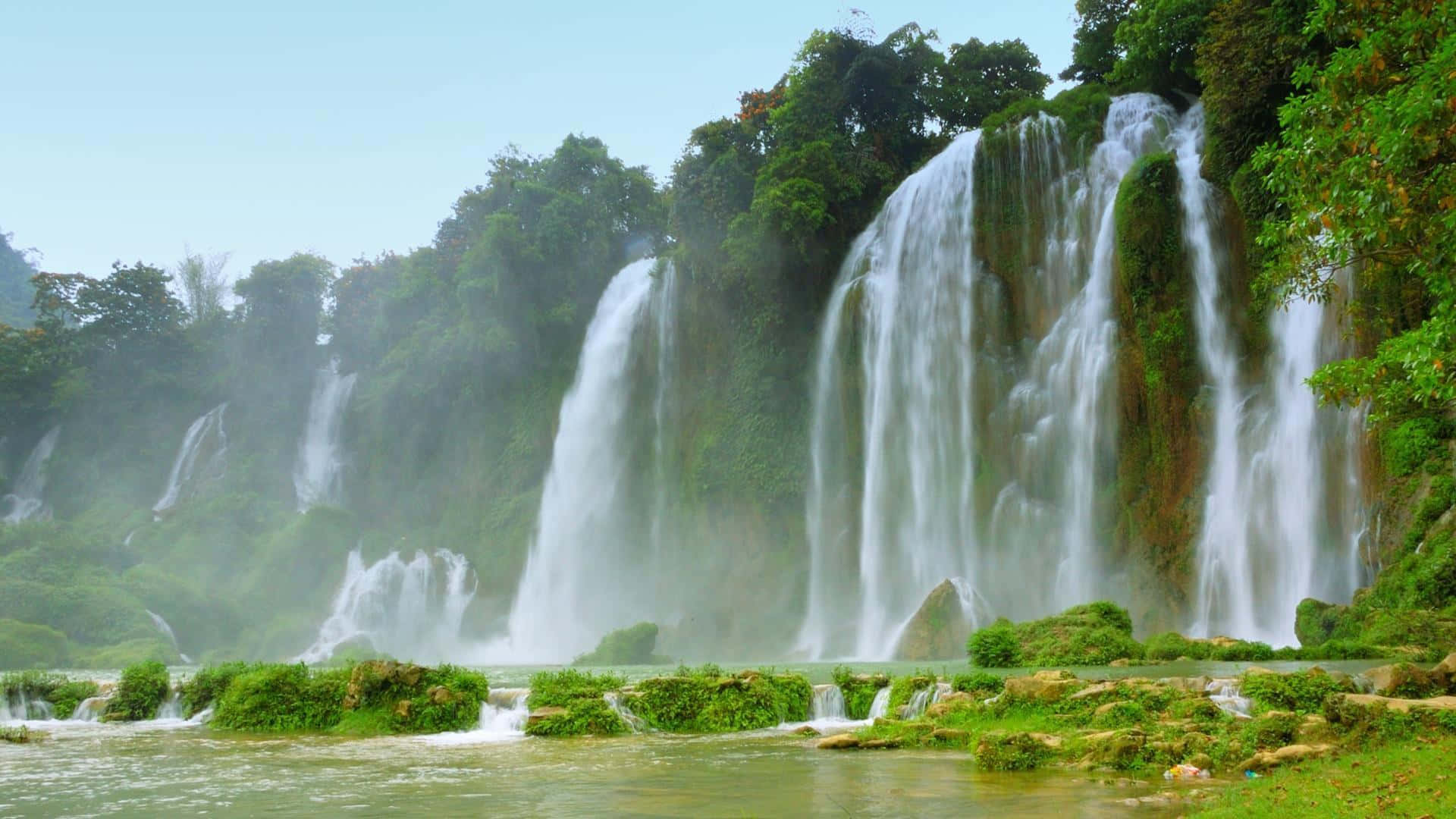 3d Waterfall, multi-tiered waterfall, lush green jungle foliage, Full HD Desktop Wallpaper