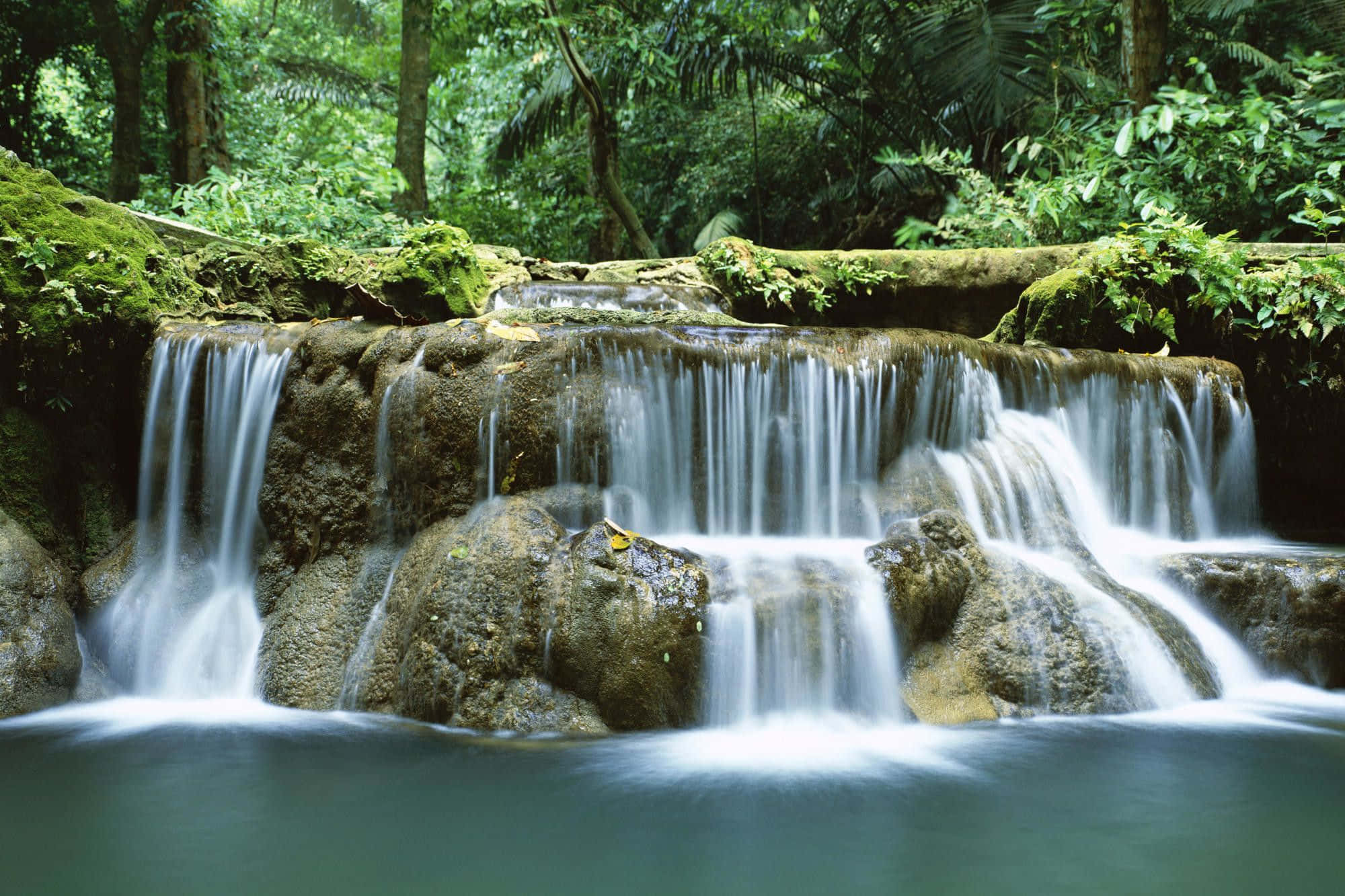 3d Waterfall, tropical waterfall, mossy rocks, Full HD Desktop Wallpaper