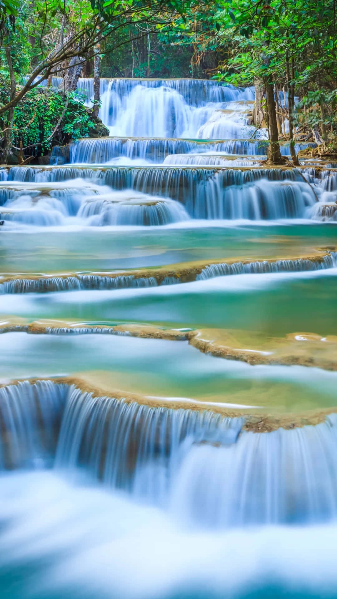 3d Waterfall, multi-tiered waterfall, lush green jungle, Full HD Phone Wallpaper