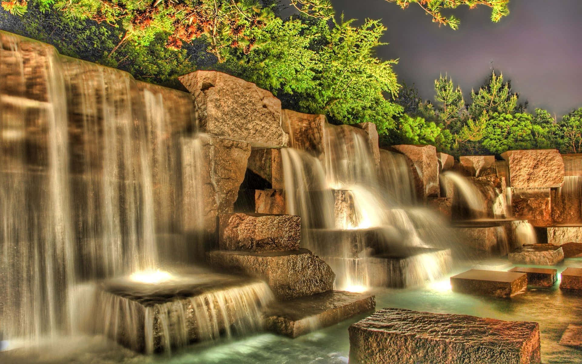 3d waterfall, twilight sky, illuminated stone tiers, Full HD Desktop Wallpaper