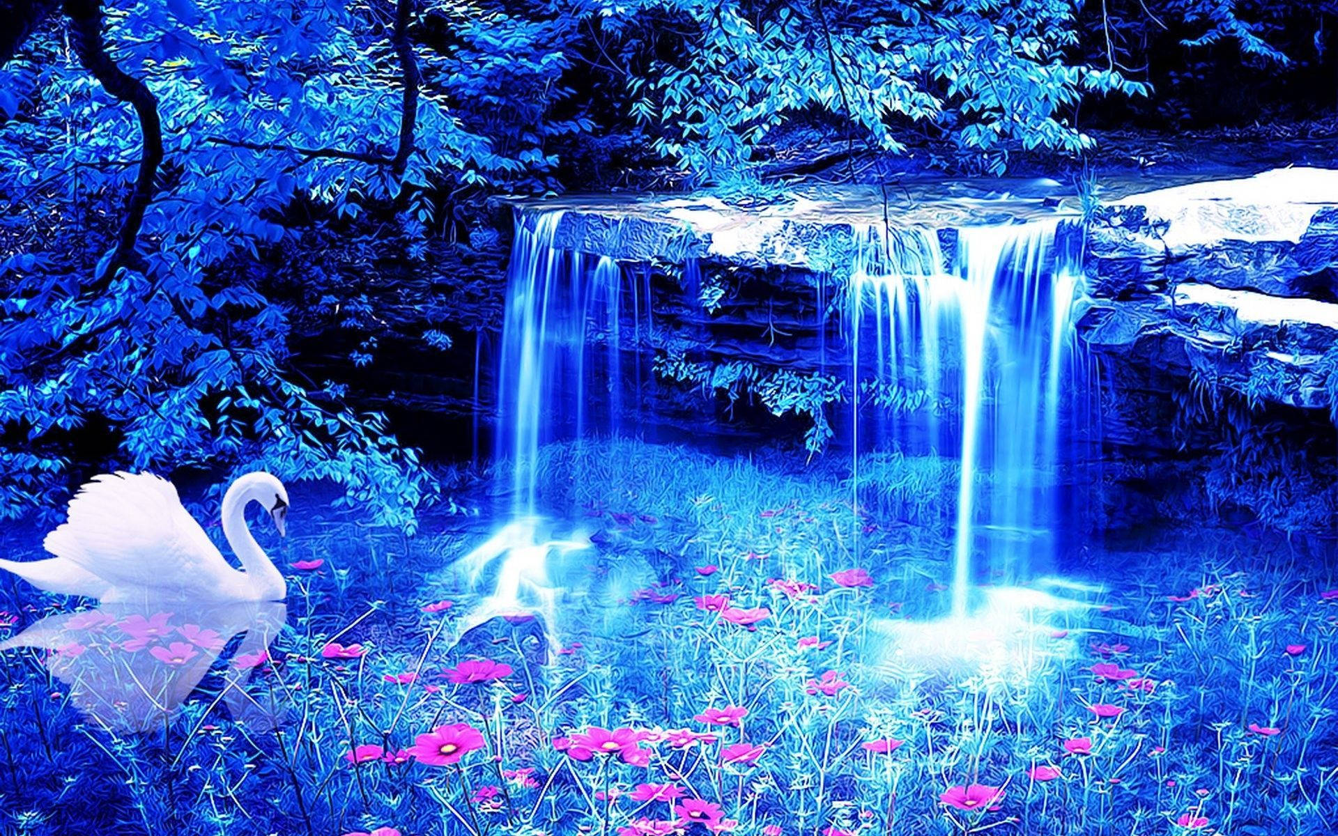 3d epic waterfall, blue-toned forest, glowing pink flowers, Full HD Desktop Wallpaper