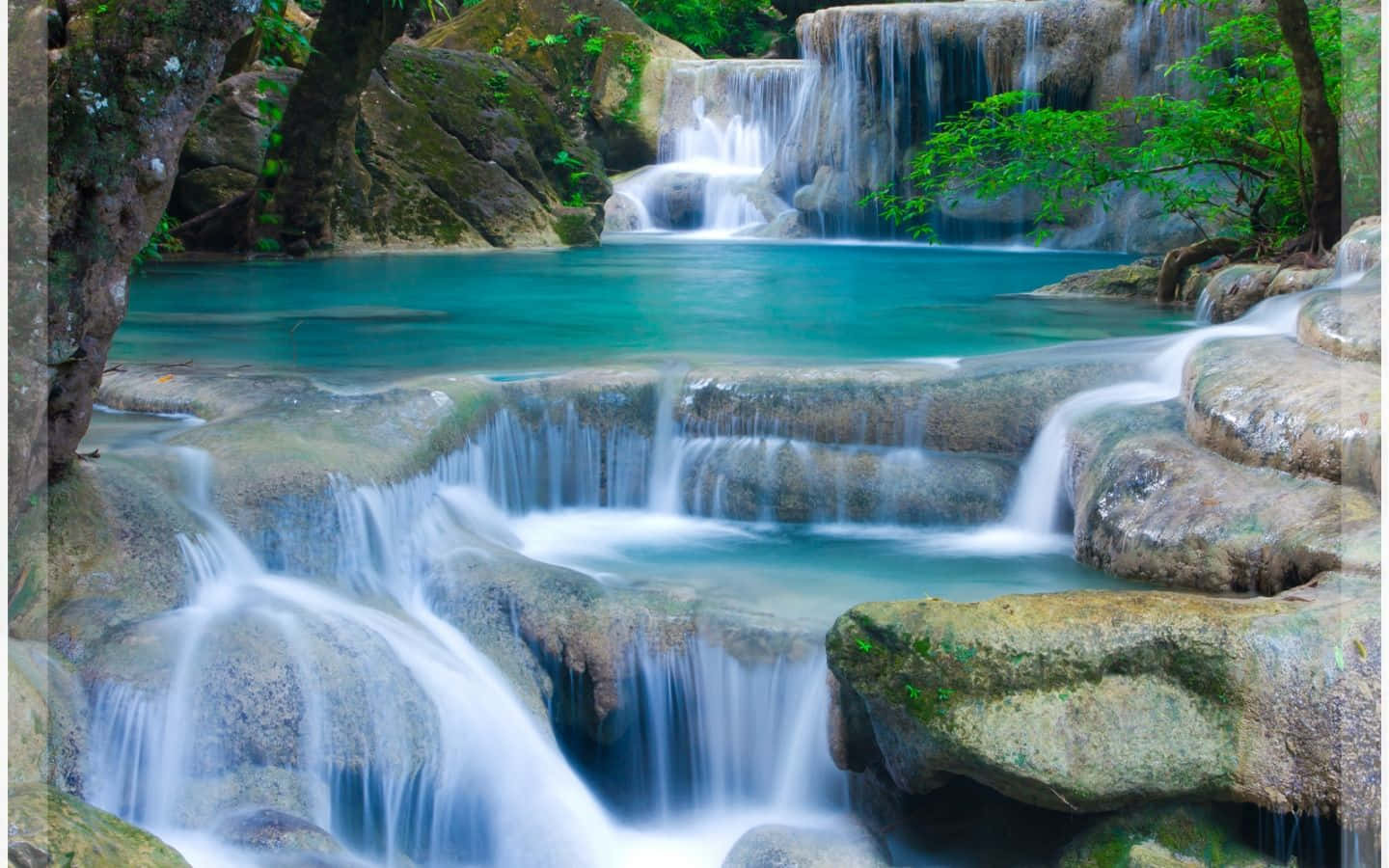 3d waterfall, tropical waterfall, mossy rocks, HD Desktop Wallpaper