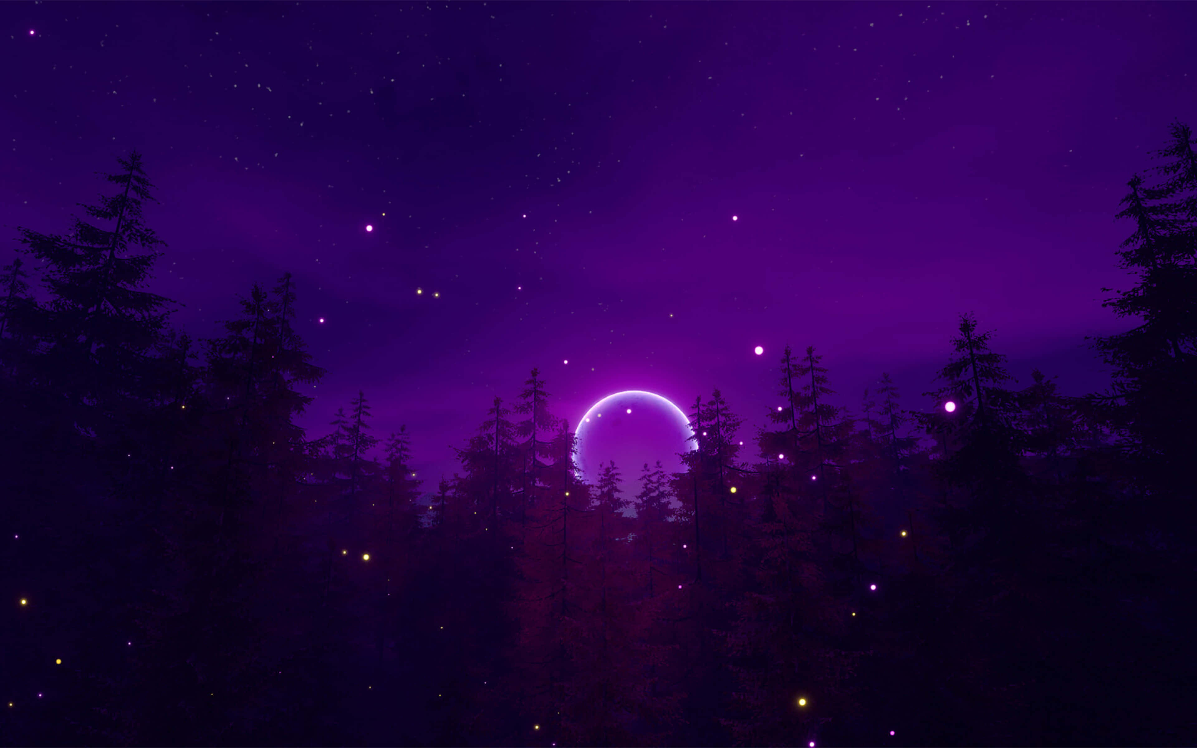 glowing purple moon, dark forest, starry violet sky, 4K Desktop Wallpaper
