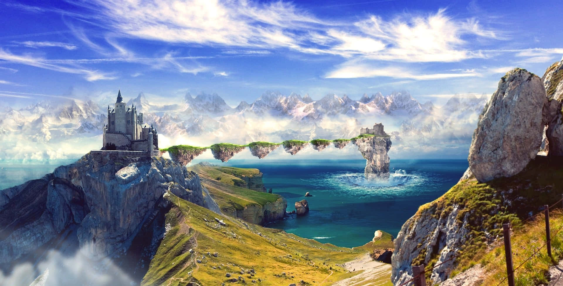 3d landscape, waterfall, greenery, Full HD Desktop Wallpaper