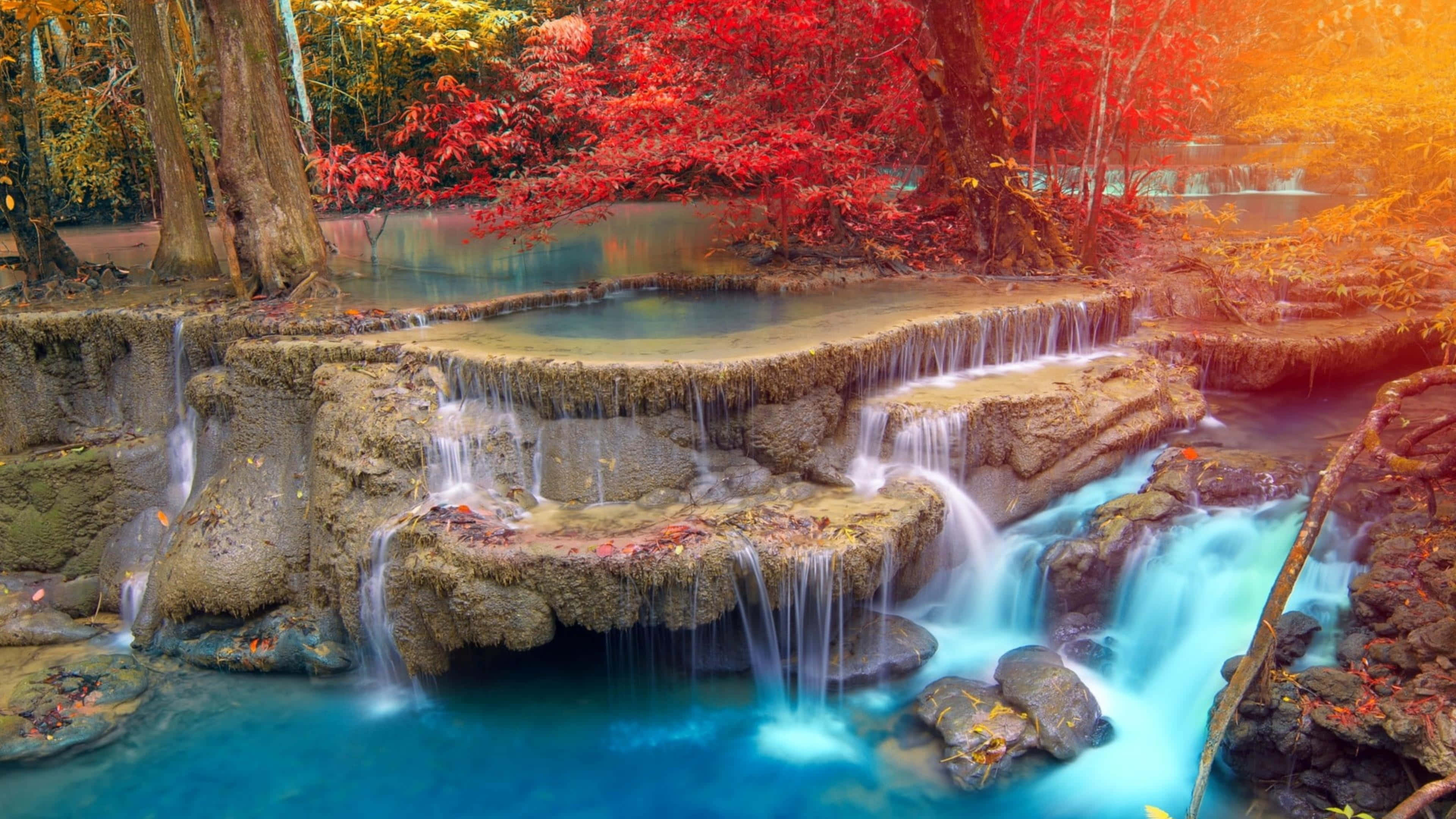 4K, waterfall, autumn foliage, 4K Desktop Wallpaper