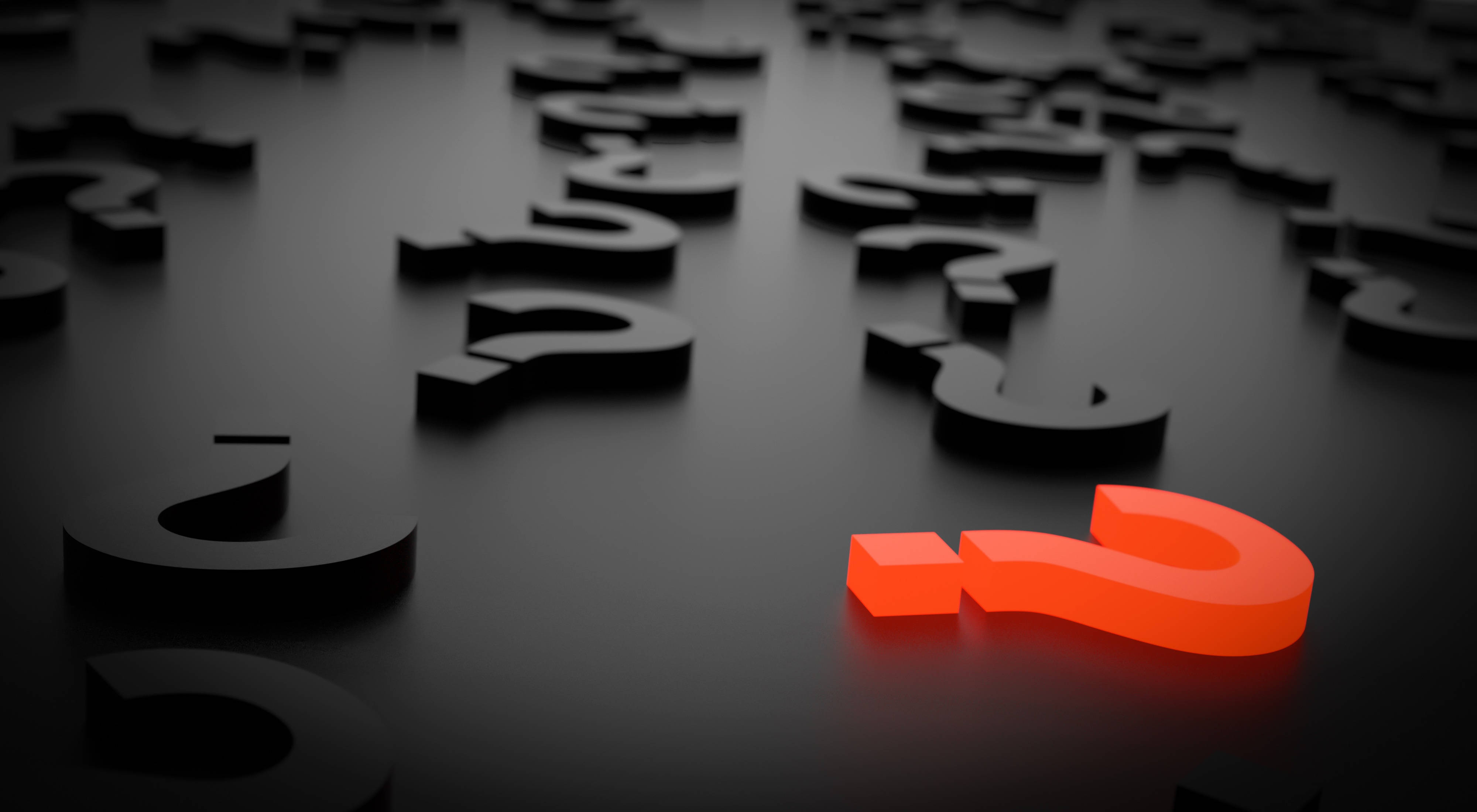glowing red 3d question mark, matte black question marks, dark surface, 4K Desktop Wallpaper