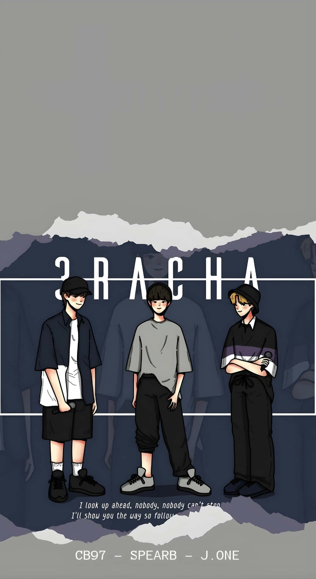 3racha, anime-style boys, torn mountain backdrop, Full HD Phone Wallpaper