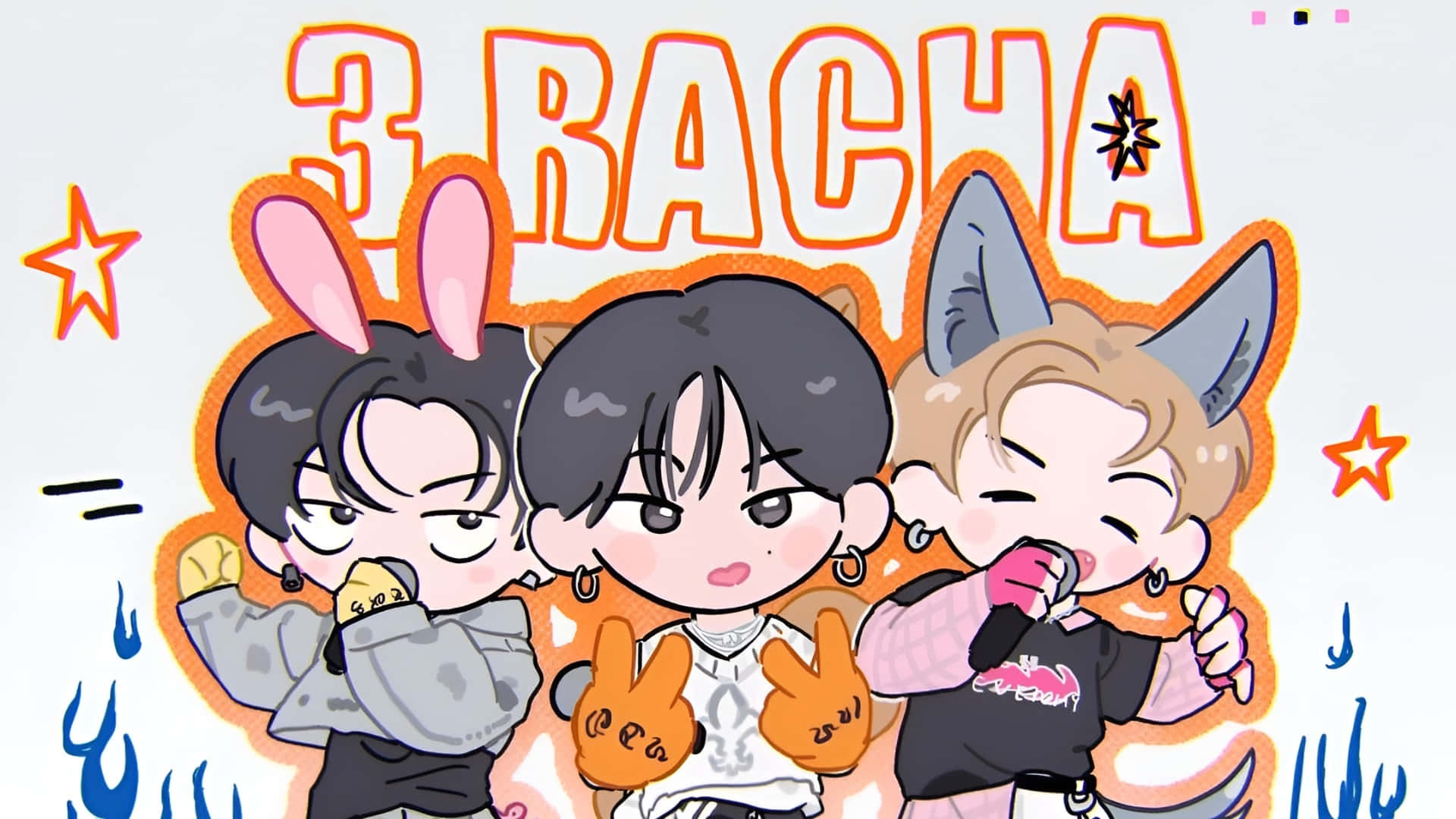 3racha, chibi anime characters, bunny and fox ears, Full HD Desktop Wallpaper