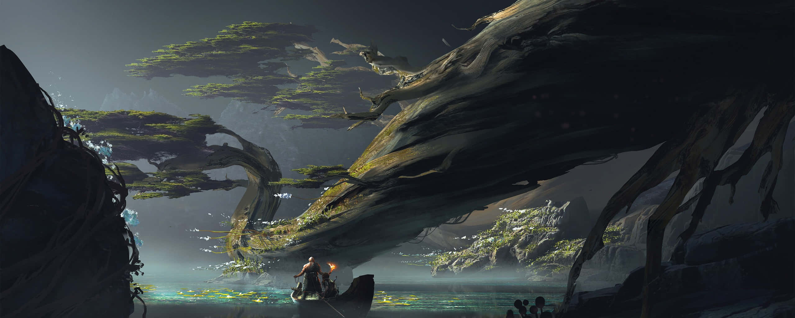 4 Monitor, bioluminescent moss, gnarled trees, 2K Desktop Wallpaper
