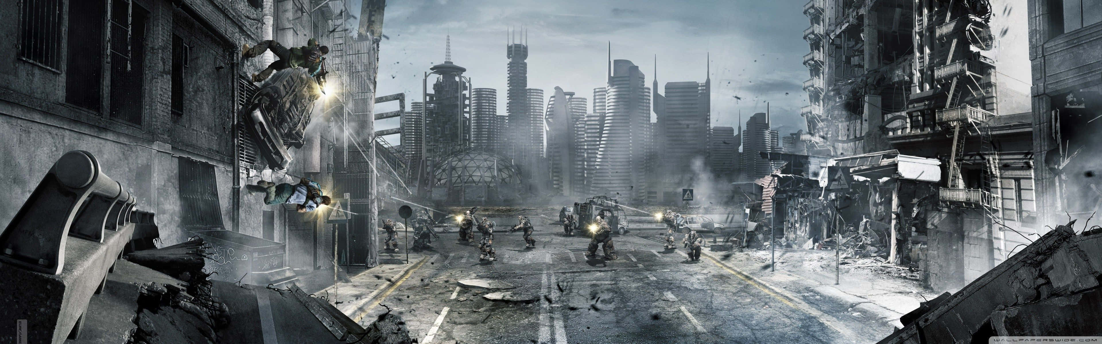 4 Monitor, 3840 x 1200, ruined city street, 4K Desktop Wallpaper
