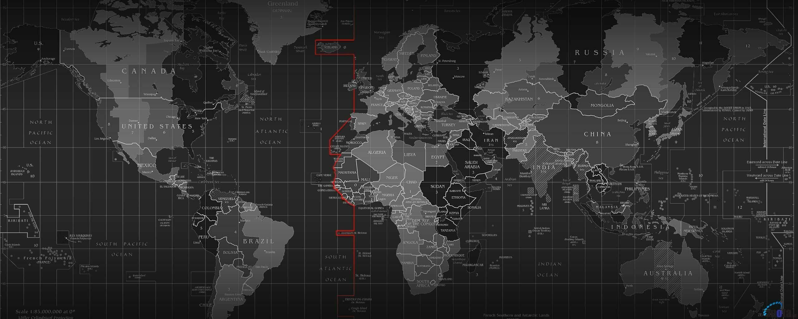 4 Monitor, 2560 x 1024, monochrome world map, 2K Desktop Wallpaper