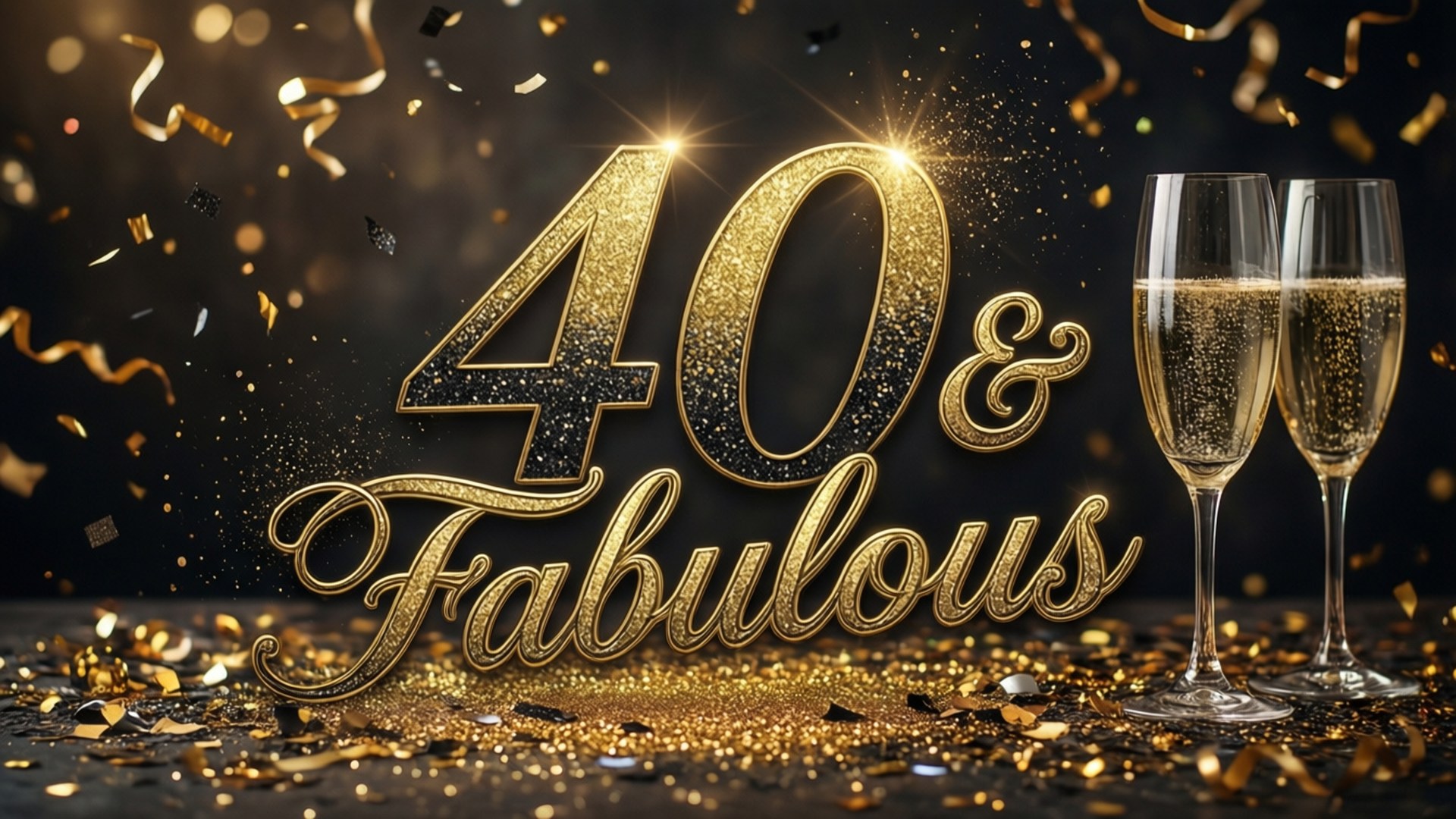 40 & Fabulous, gold glitter, champagne flutes, Full HD Desktop Wallpaper