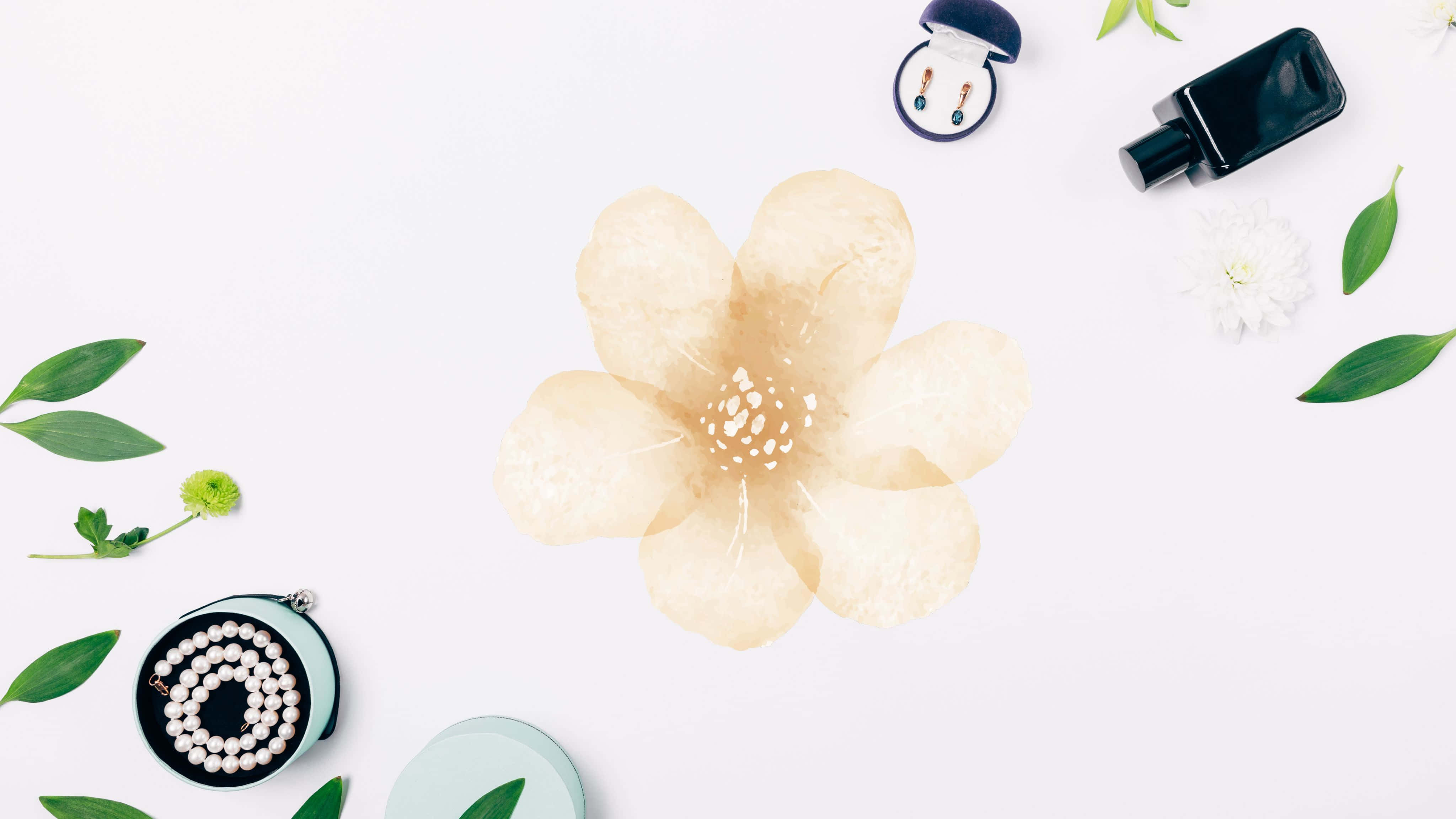 4096x2304, beige watercolor flower, green leaves, 4K Desktop Wallpaper