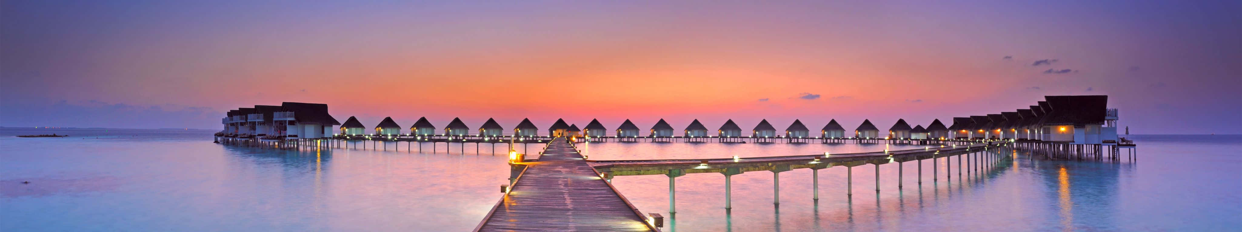 Golden sunset, calm ocean, wooden pier, 4K Desktop Wallpaper