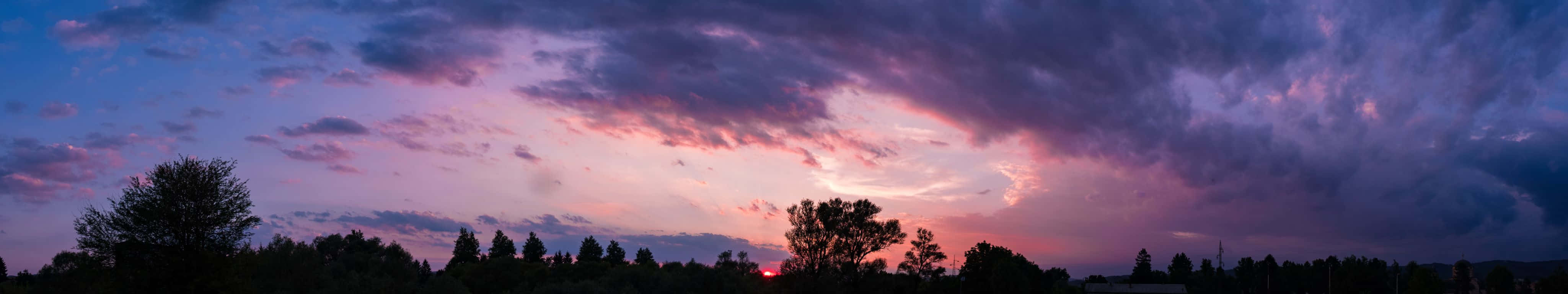 twilight sky, deep purples and pinks, dark treeline, 4K Desktop Wallpaper