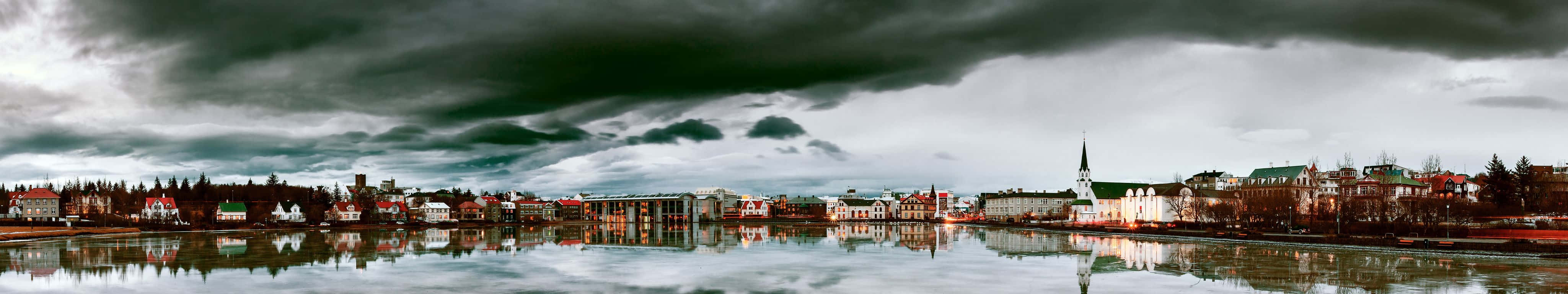 4098x768, European cityscape, dark storm clouds, 4K Desktop Wallpaper