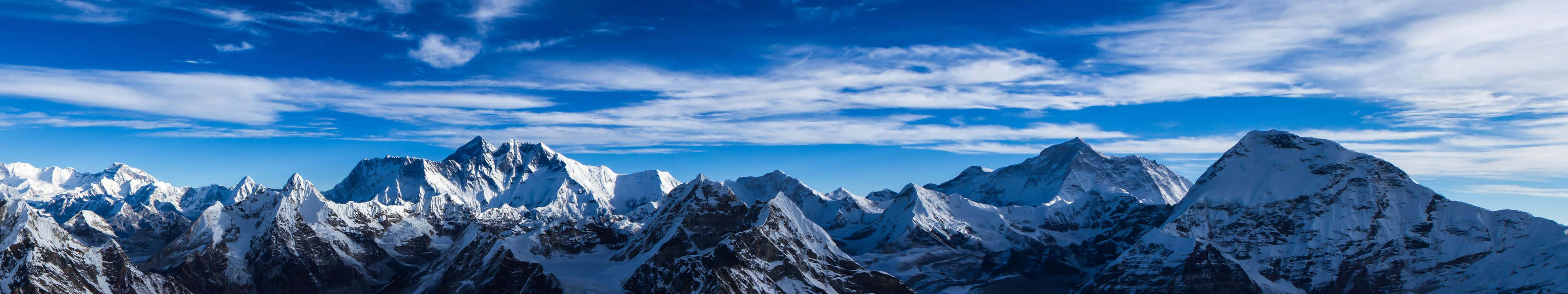 4098x768, snow-capped mountain peaks, vibrant blue sky, 4K Desktop Wallpaper