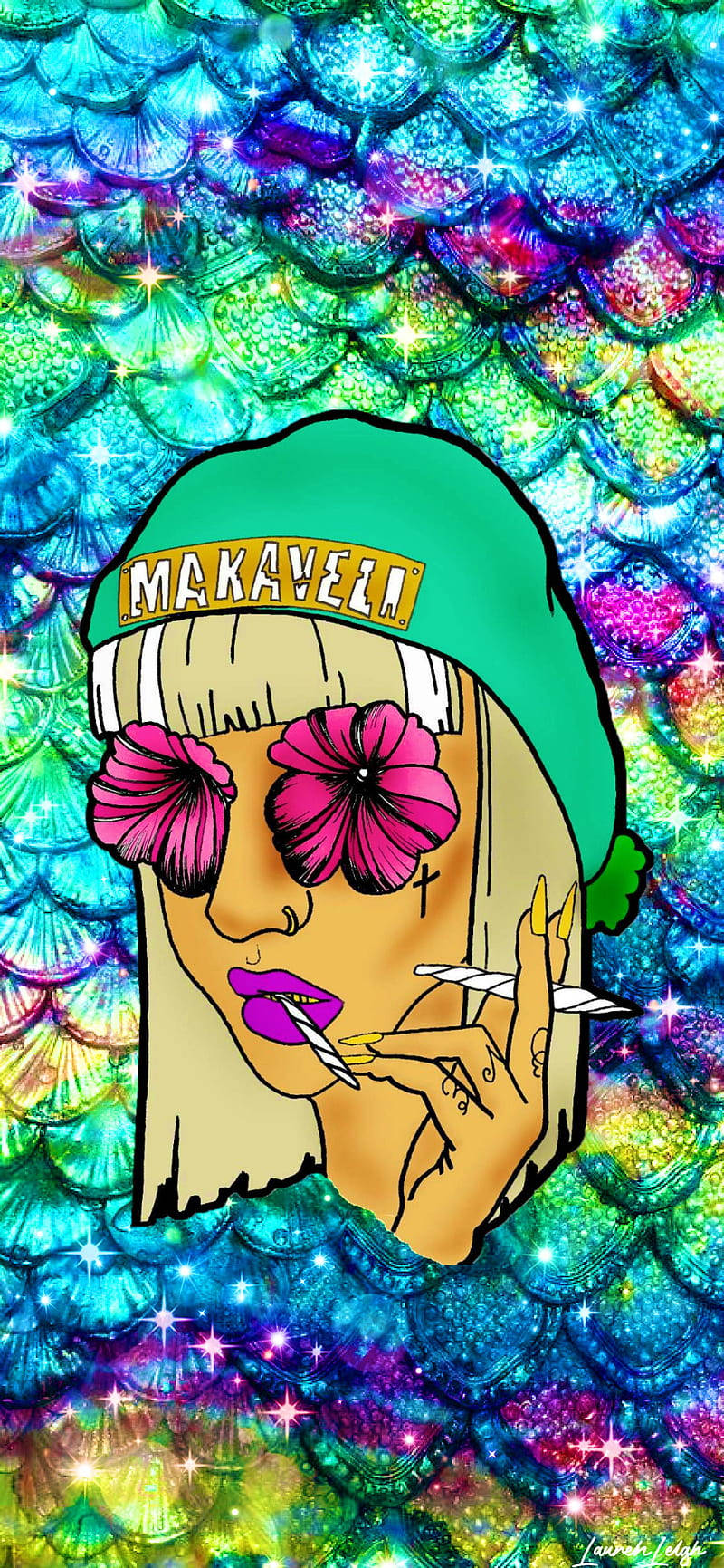 420 mermaid fin pattern, cartoon girl, flower sunglasses, HD Phone Wallpaper