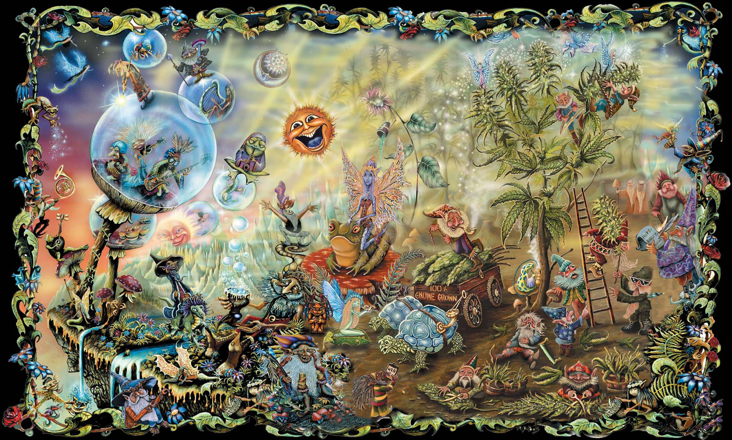 420 high fantastical creatures, whimsical creatures, laughing sun, Full HD Desktop Wallpaper