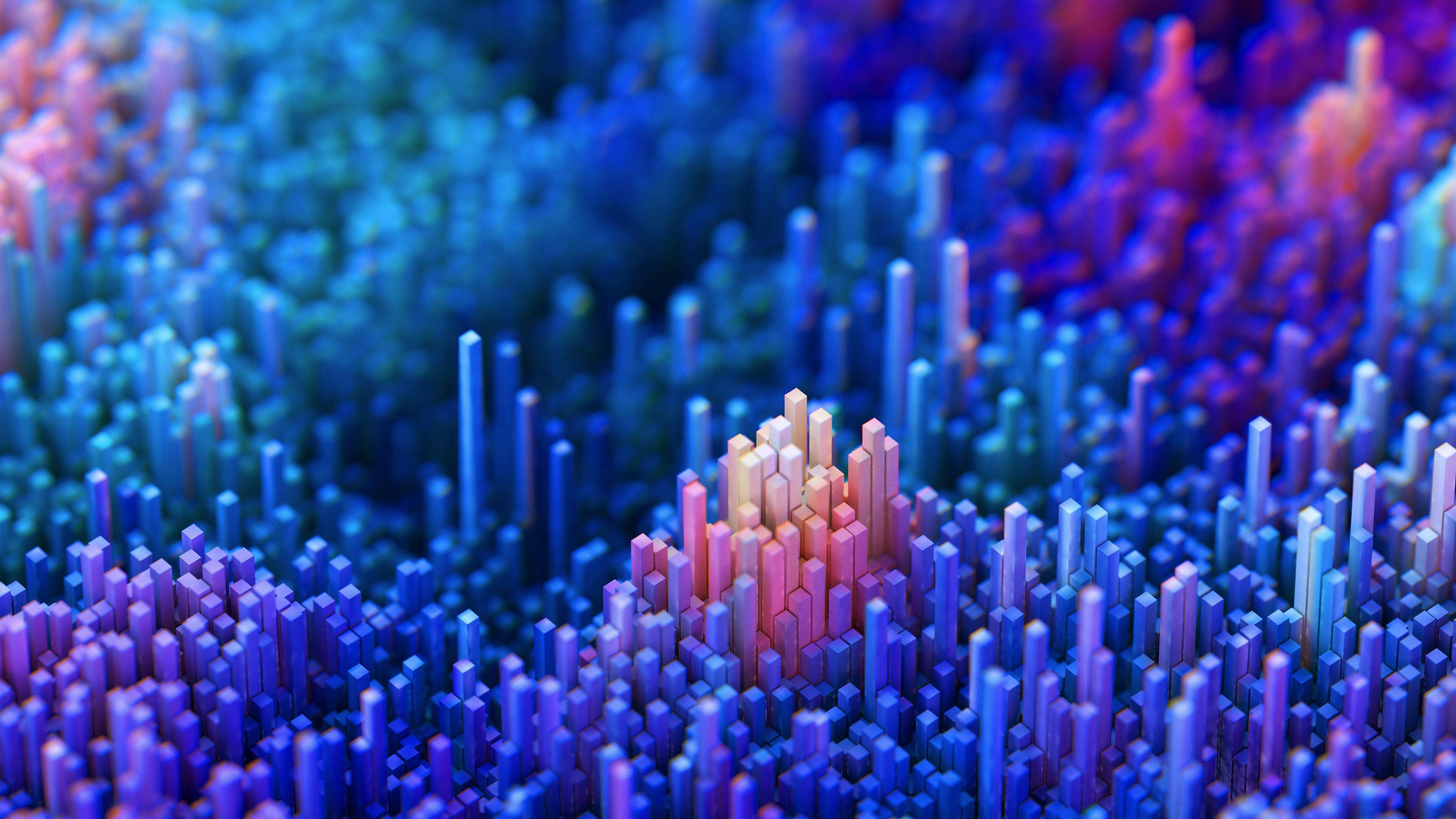 4D Ultra HD, glowing blue, pink geometric pillars, 4K Desktop Wallpaper