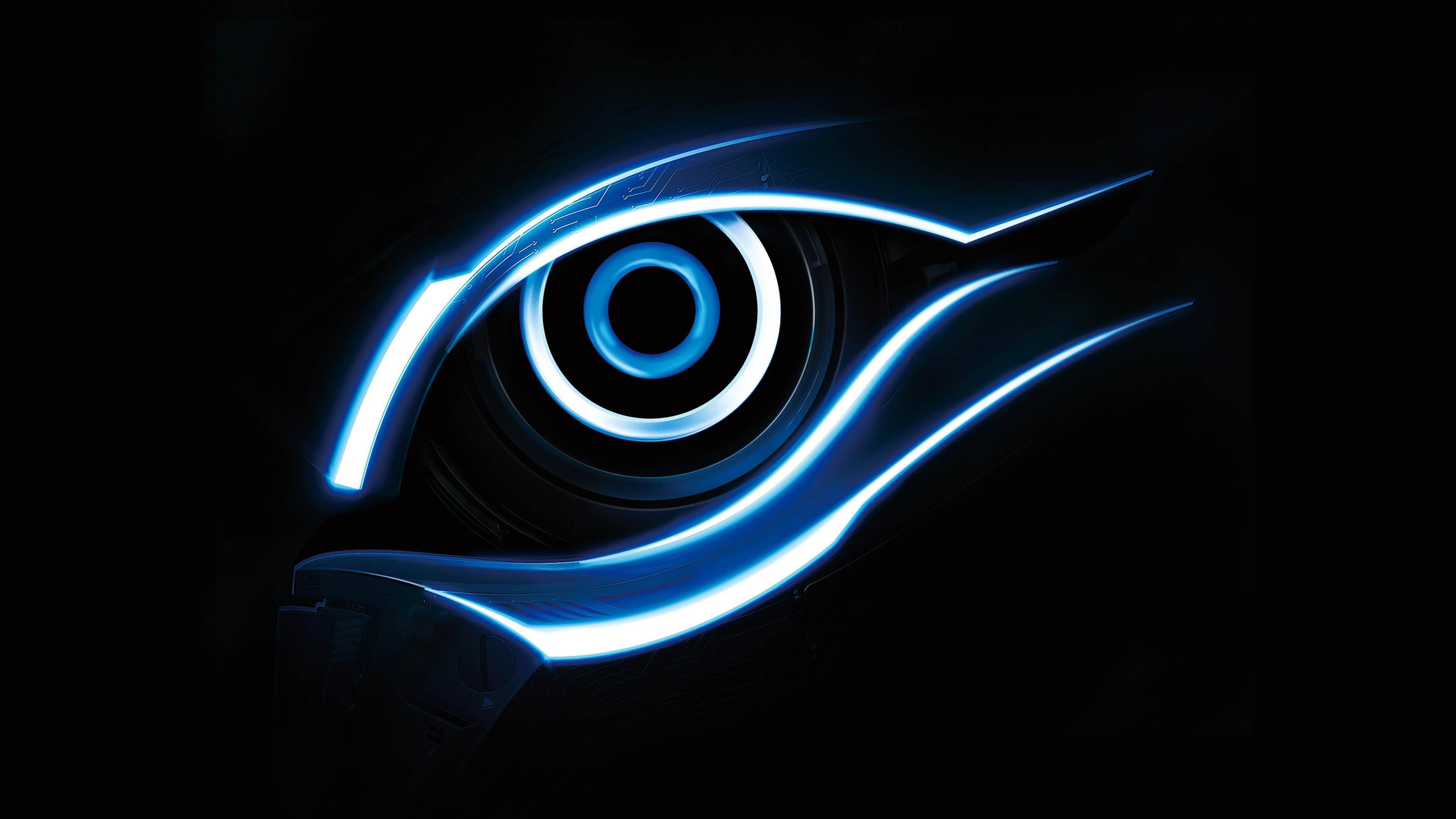 4d, glowing blue cybernetic eye, neon rings, 4K Desktop Wallpaper