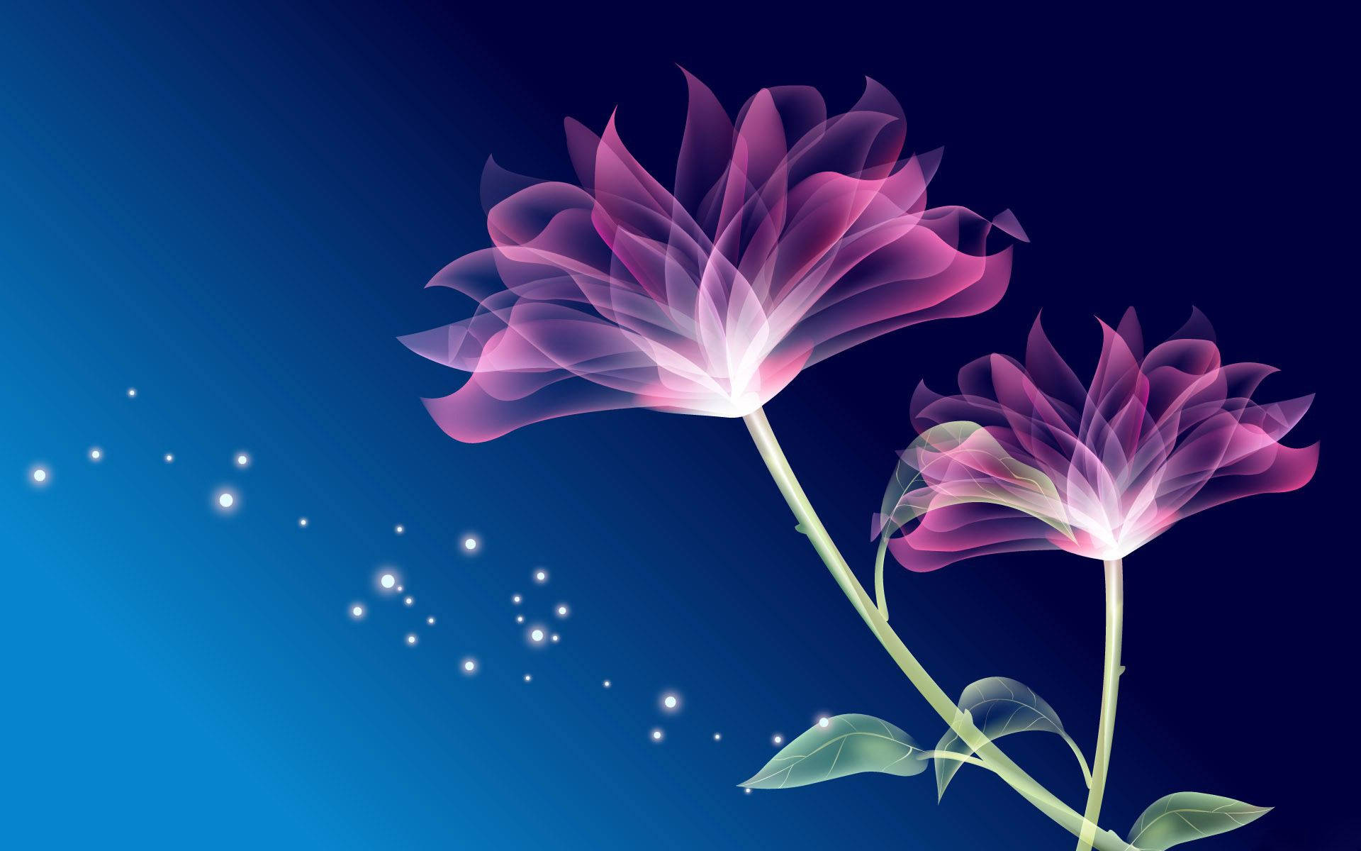 4d, glowing translucent pink flowers, green stems and leaves, Full HD Desktop Wallpaper