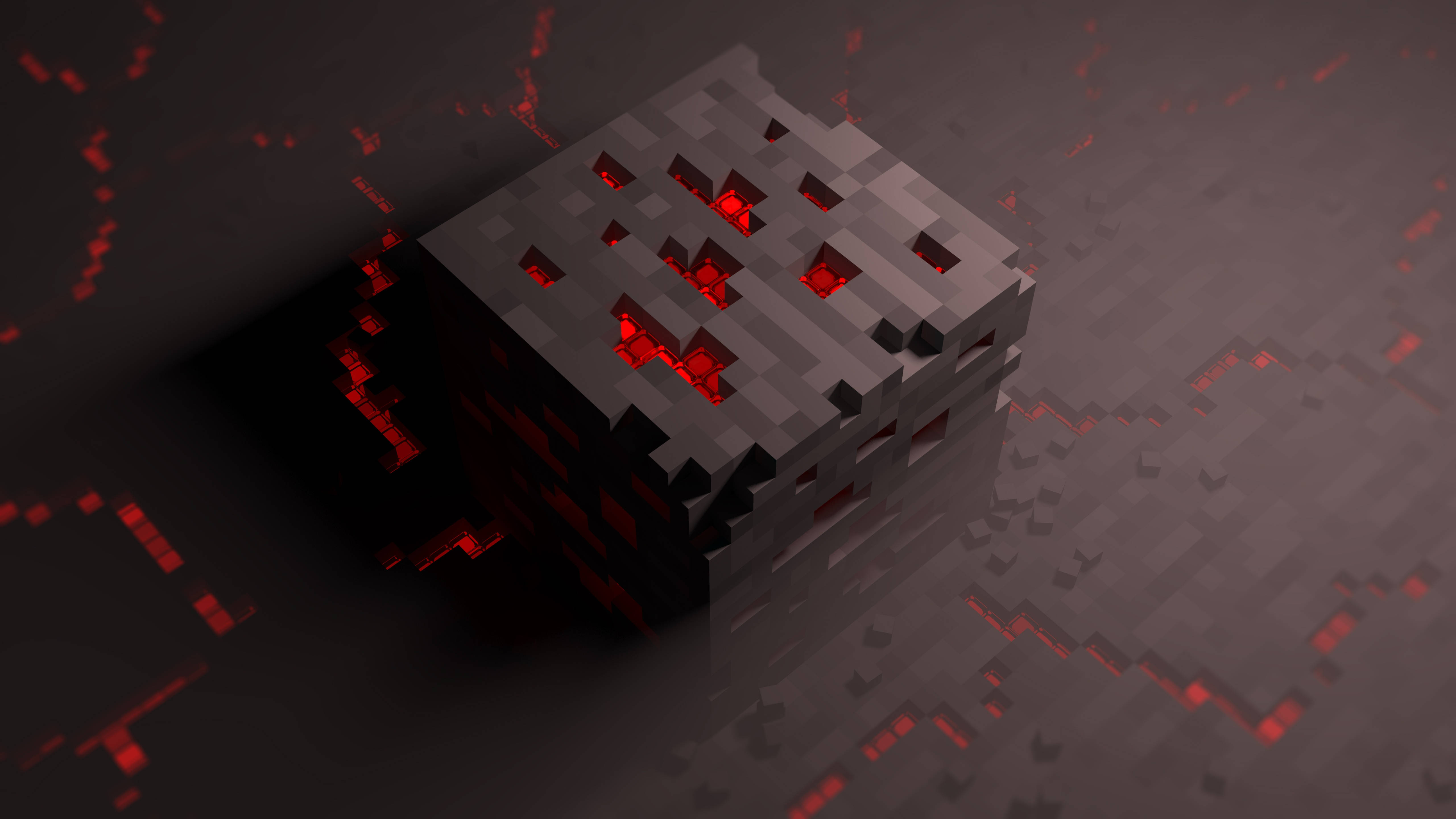 4d cube art, pixelated gray cube, glowing red eyes, 5K Desktop Wallpaper