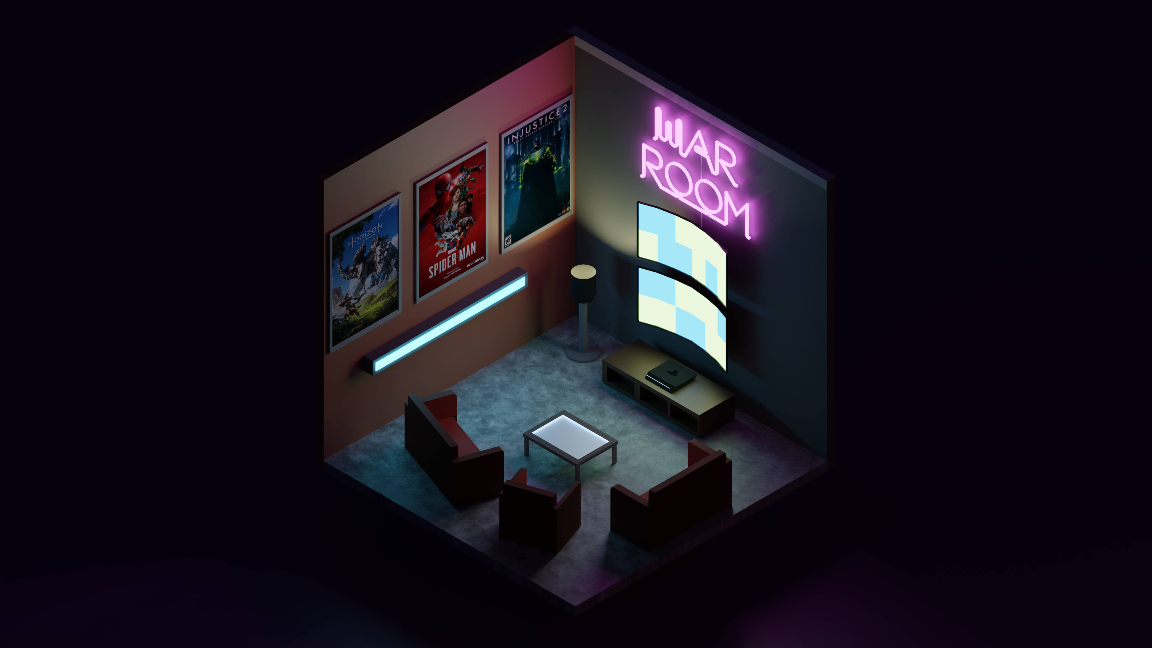 4d, neon-lit, isometric movie room, 4K Desktop Wallpaper