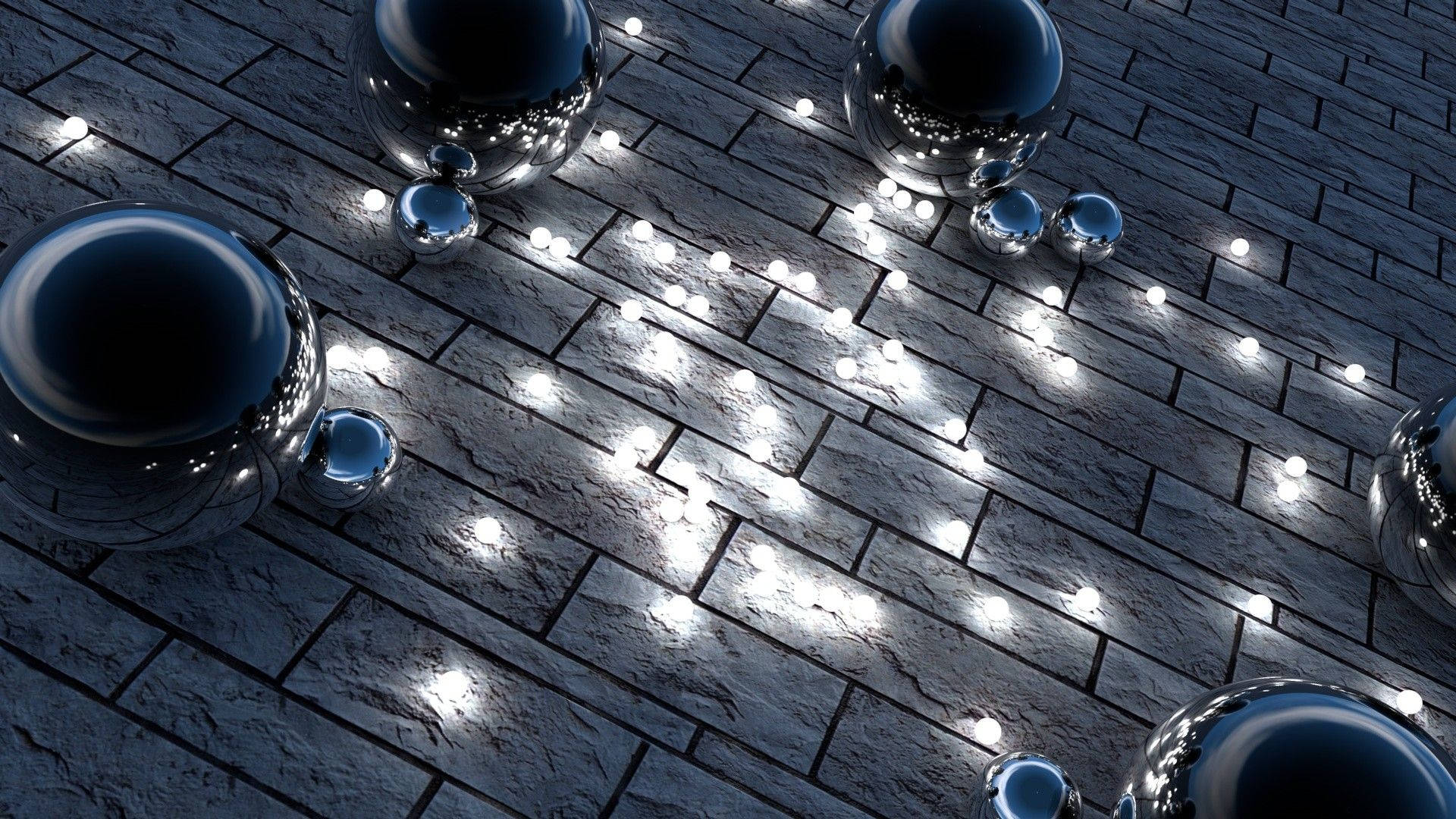 4d, grey wall, shiny chrome spheres, Full HD Desktop Wallpaper