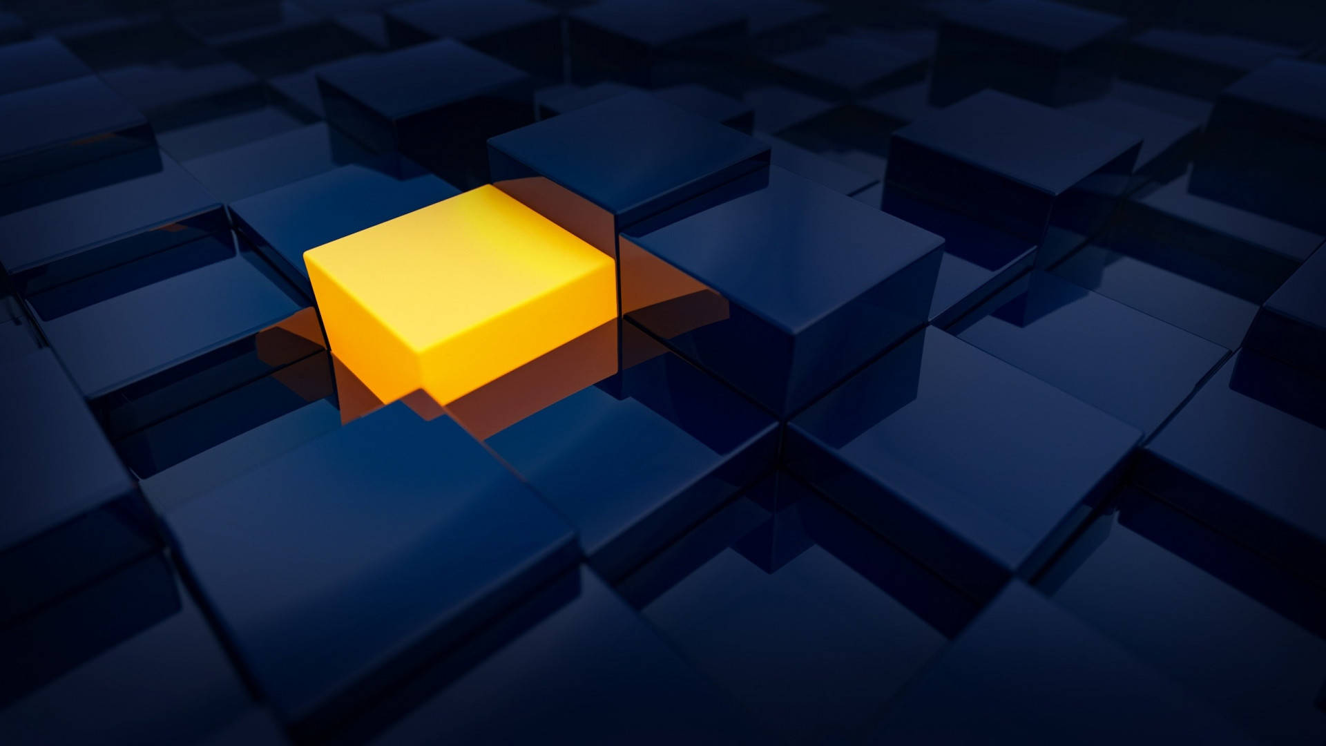 4d, glowing yellow cube, dark blue reflective cubes, Full HD Desktop Wallpaper